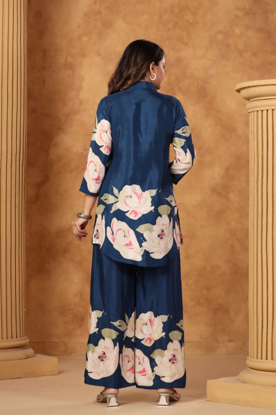 Blue Satin Co-ord Set with Bold Floral Print - Freyaa USA & Canada