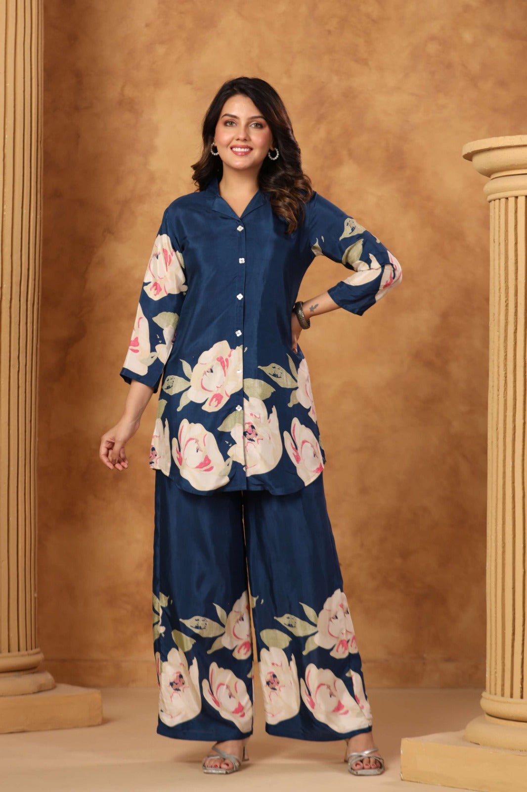 Blue Satin Co-ord Set with Bold Floral Print - Freyaa USA & Canada