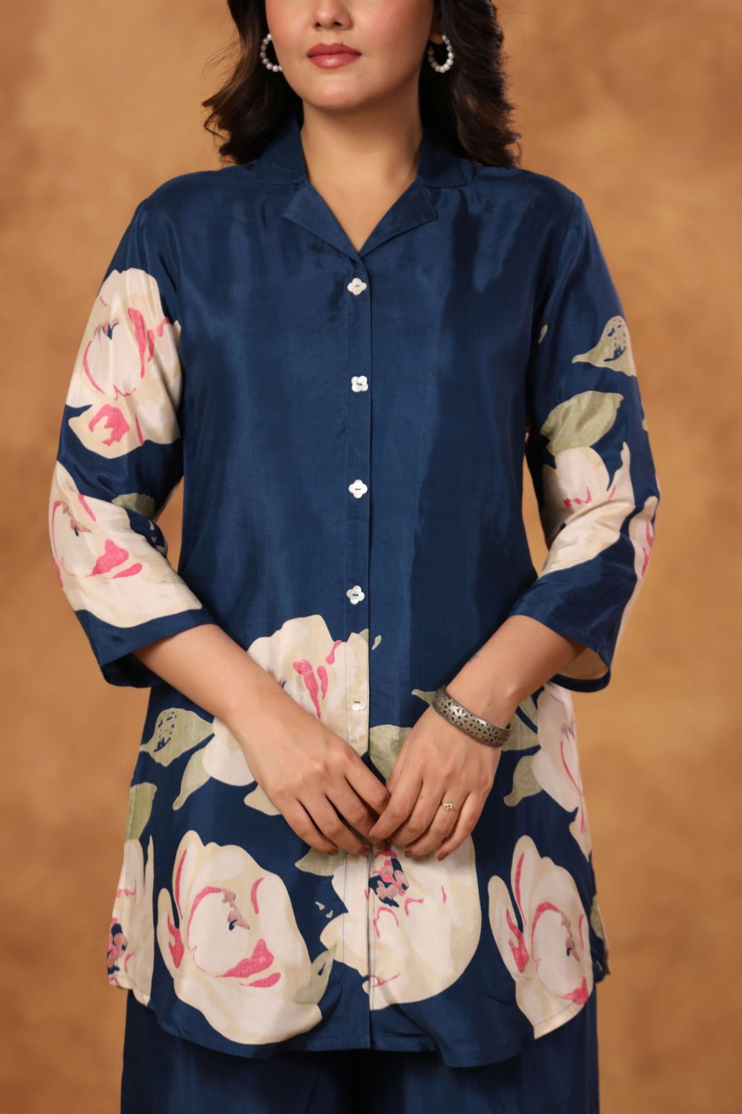 Blue Satin Co-ord Set with Bold Floral Print - Freyaa USA & Canada