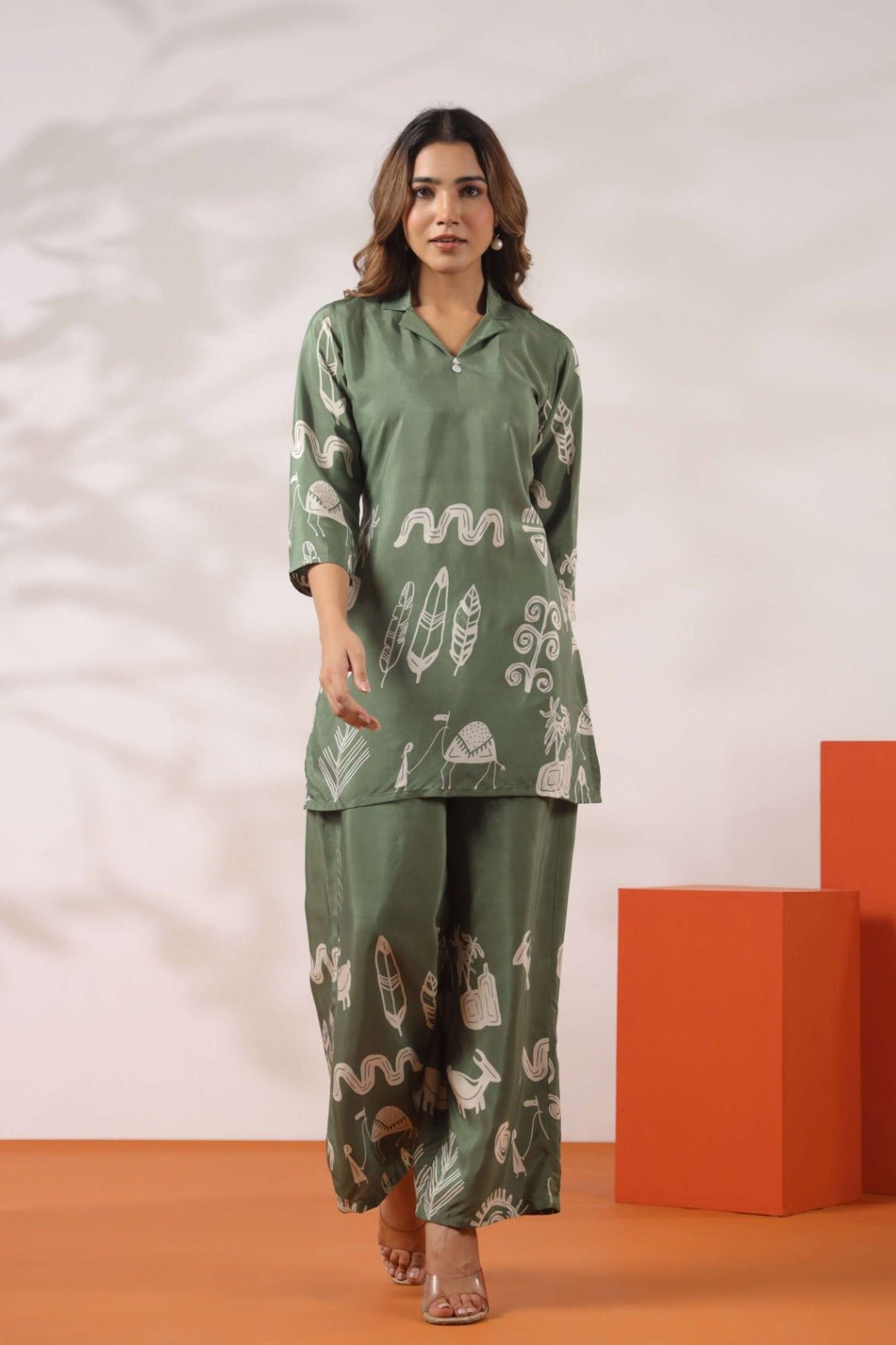 Green Co-ord Set with Tribal Print Pattern - Freyaa USA & Canada
