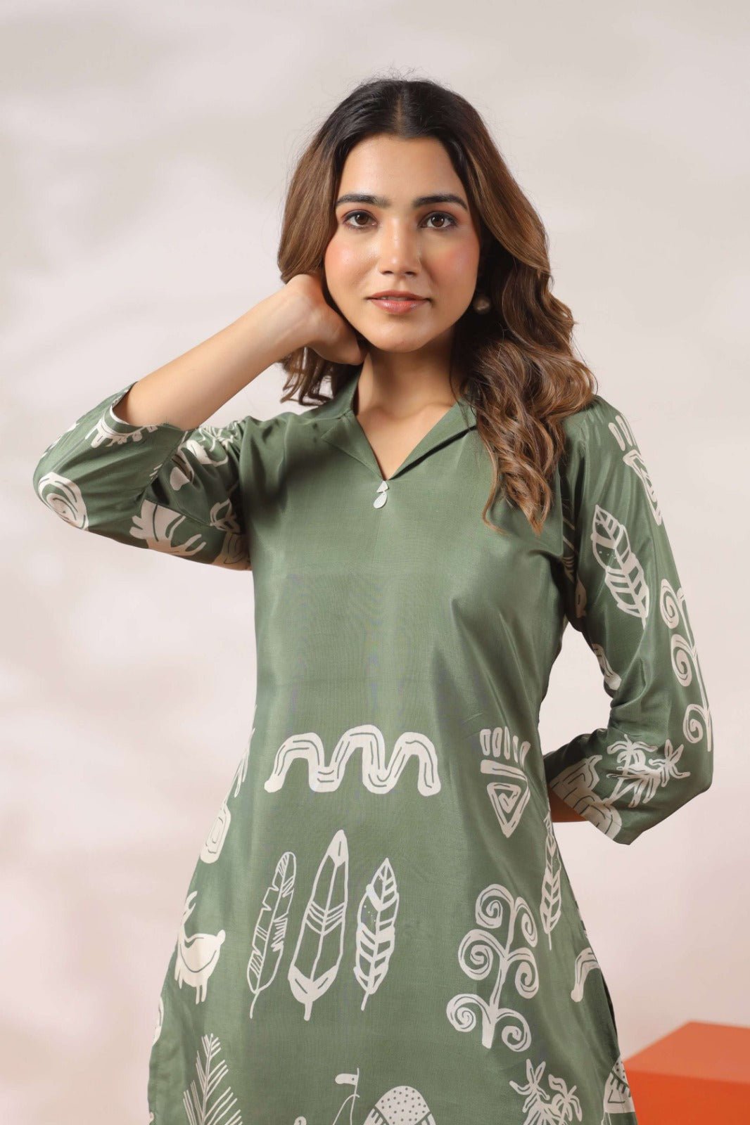 Green Co-ord Set with Tribal Print Pattern - Freyaa USA & Canada