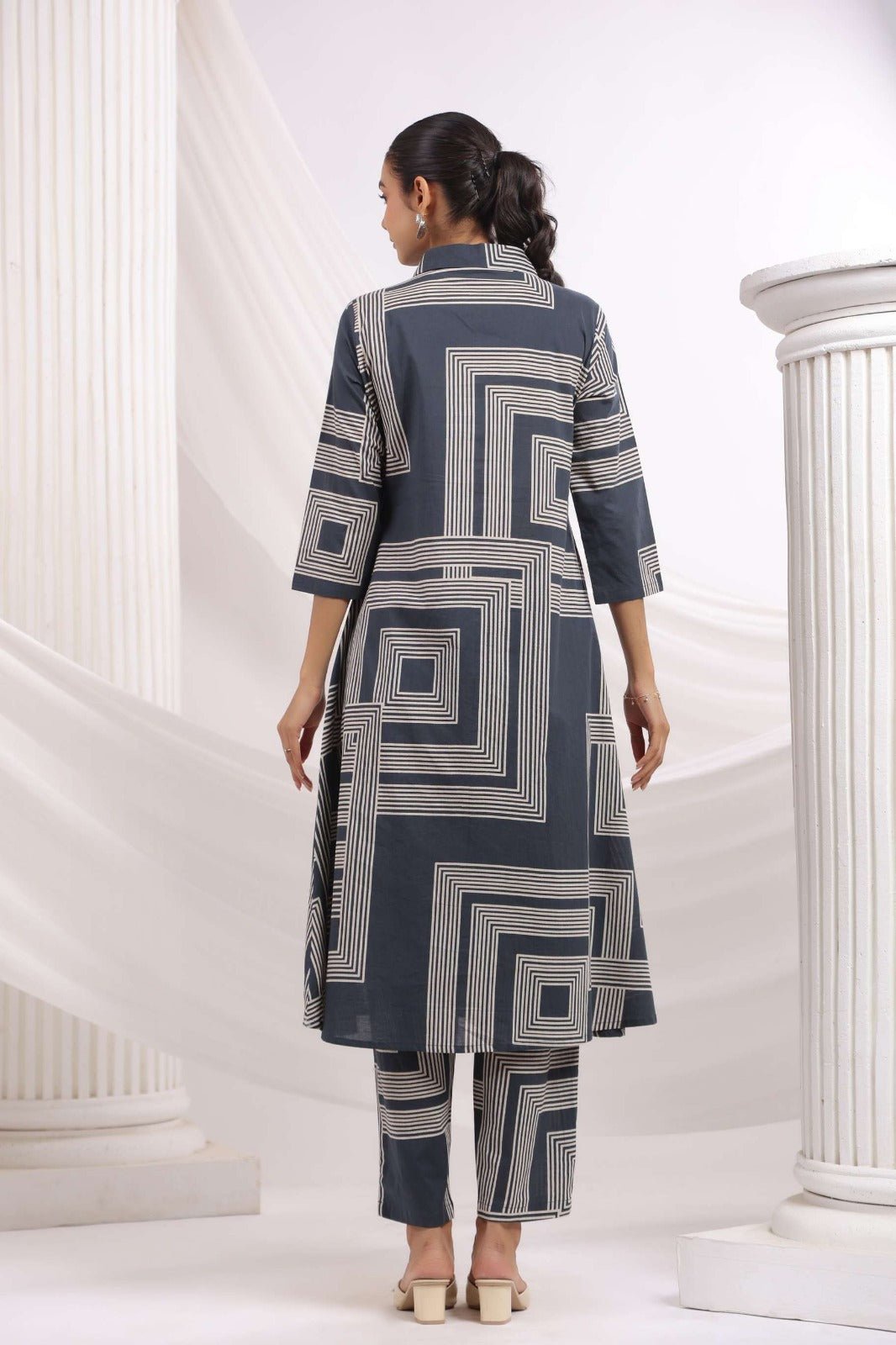 Grey Long Kurta Style Co-ord Set with Abstract Print - Freyaa USA & Canada