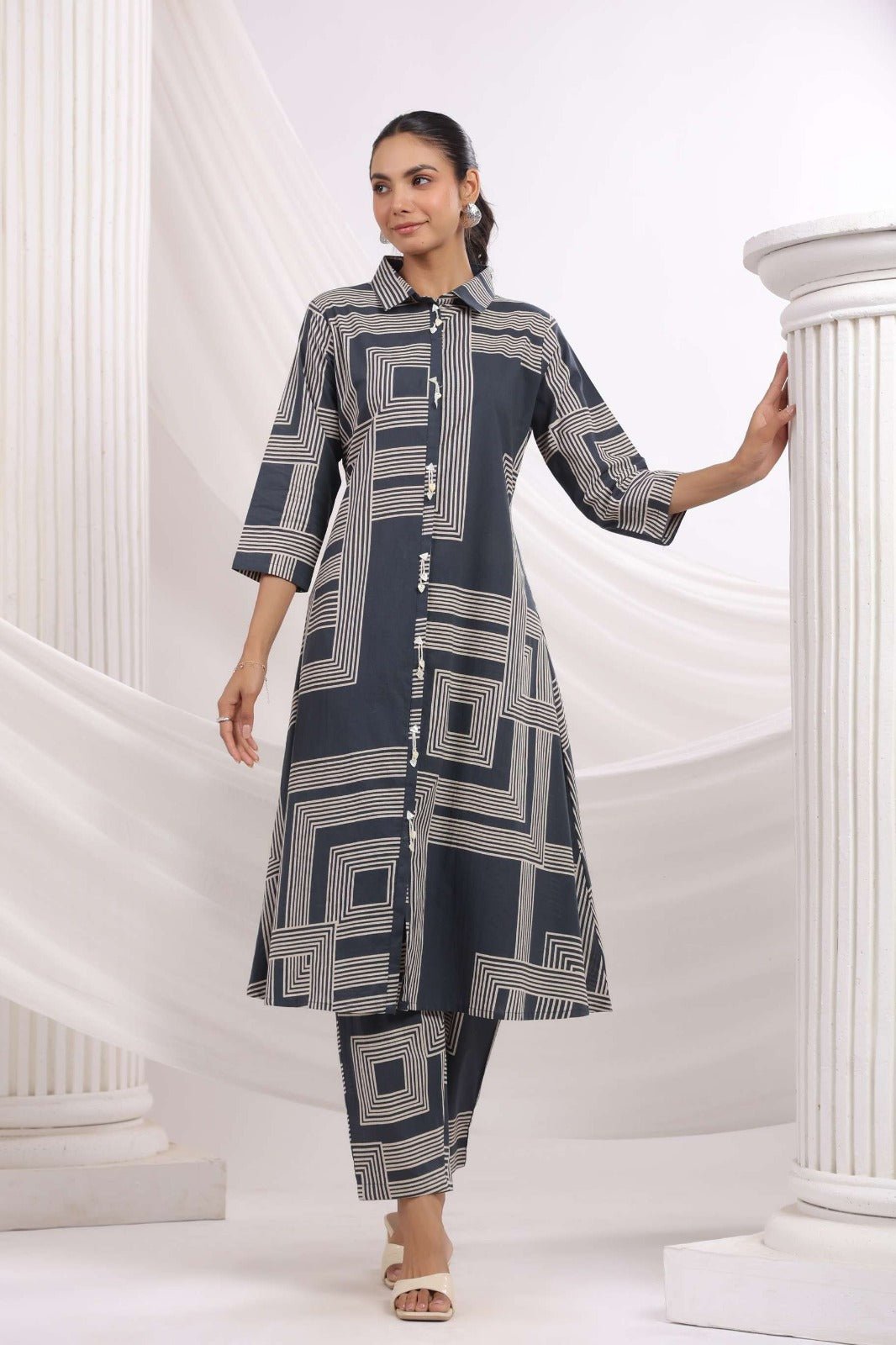 Grey Long Kurta Style Co-ord Set with Abstract Print - Freyaa USA & Canada