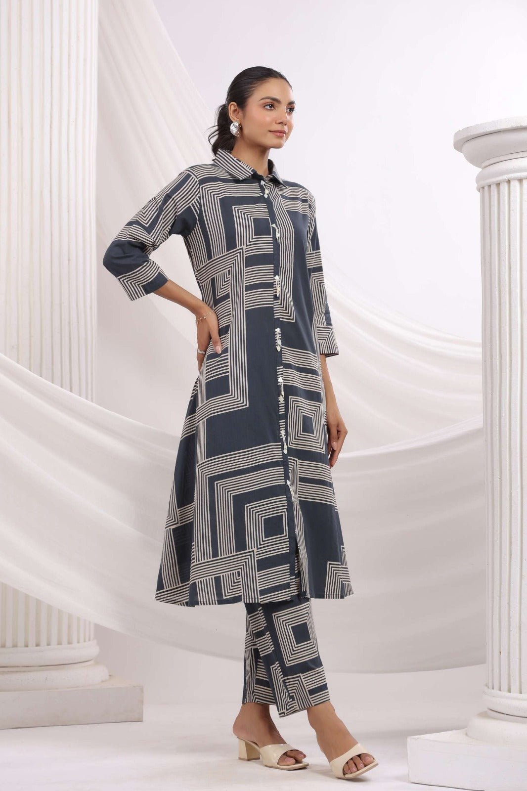 Grey Long Kurta Style Co-ord Set with Abstract Print - Freyaa USA & Canada