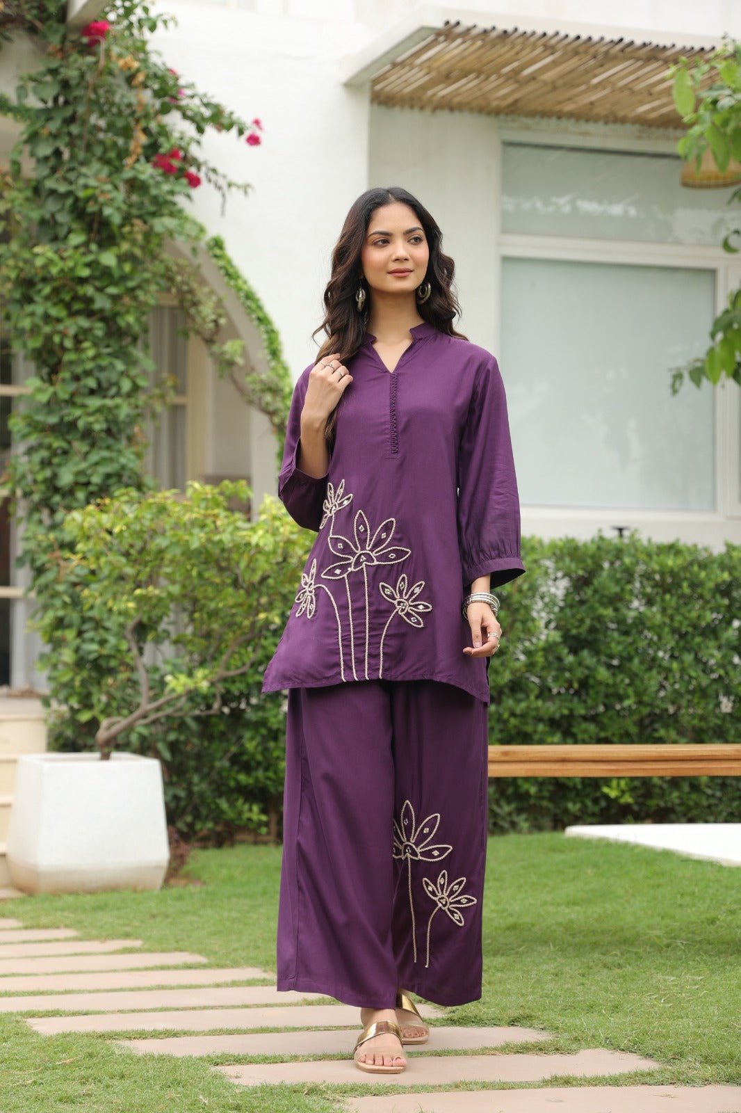 Purple Satin Co-ord Set with Floral Embroidery - Freyaa USA & Canada