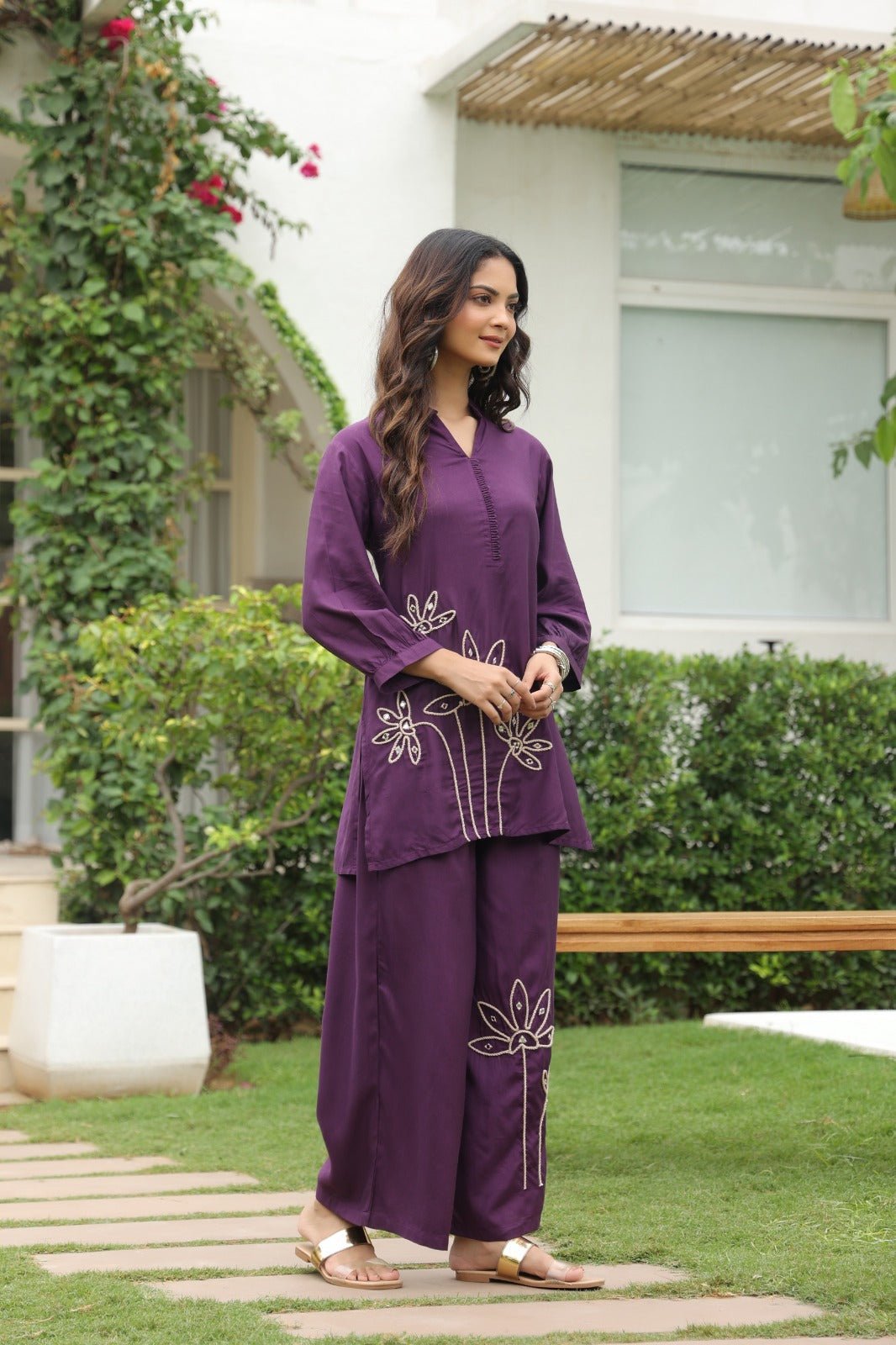 Purple Satin Co-ord Set with Floral Embroidery - Freyaa USA & Canada