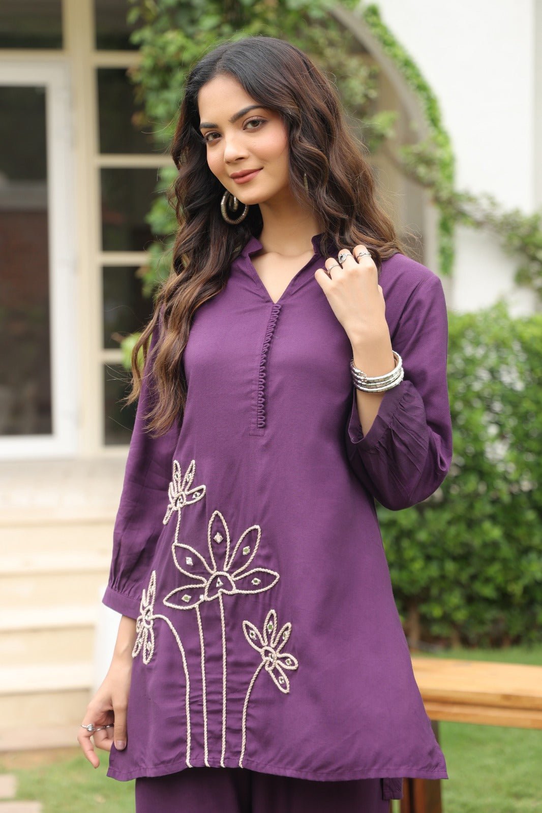 Purple Satin Co-ord Set with Floral Embroidery - Freyaa USA & Canada