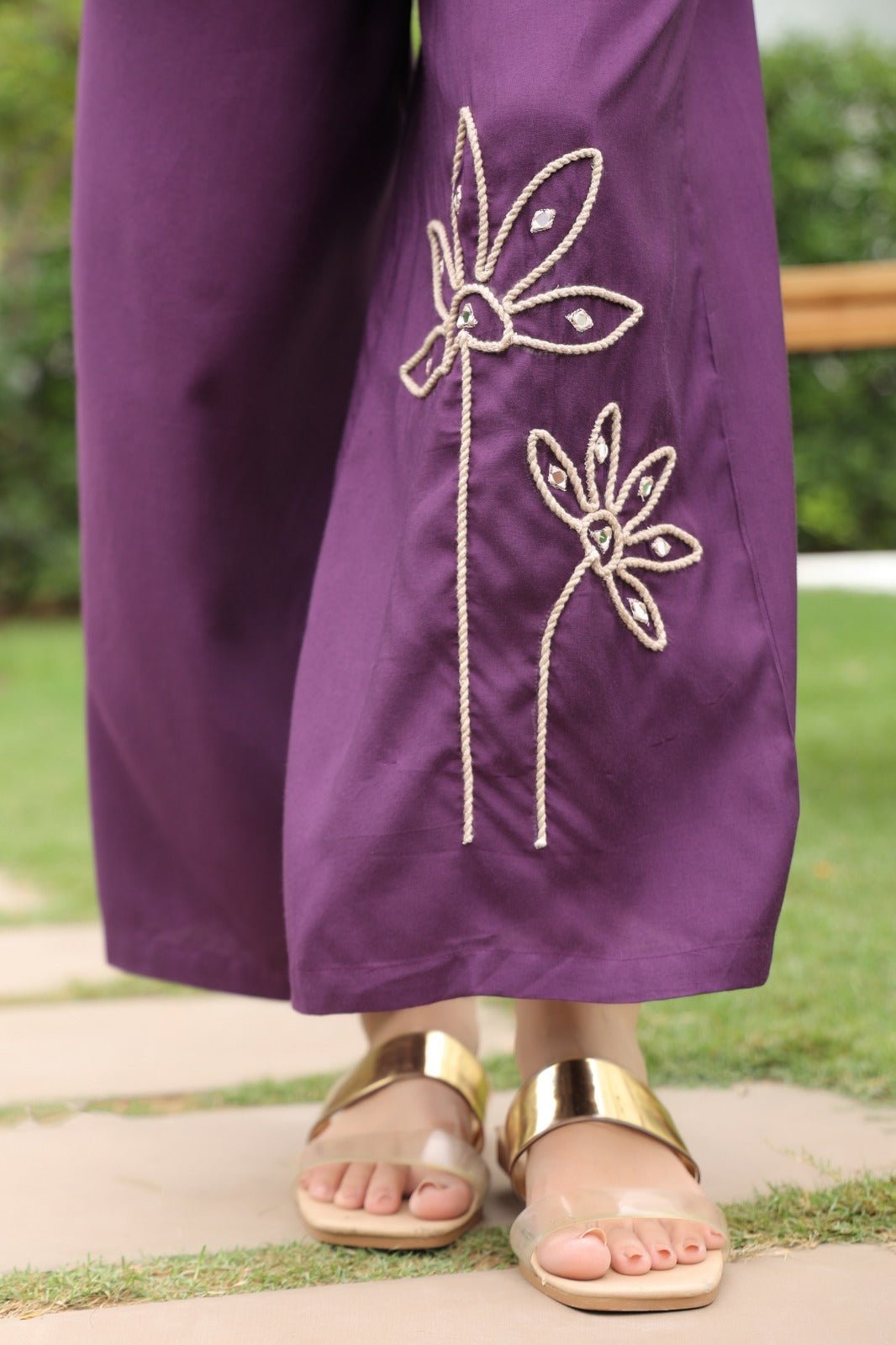 Purple Satin Co-ord Set with Floral Embroidery - Freyaa USA & Canada