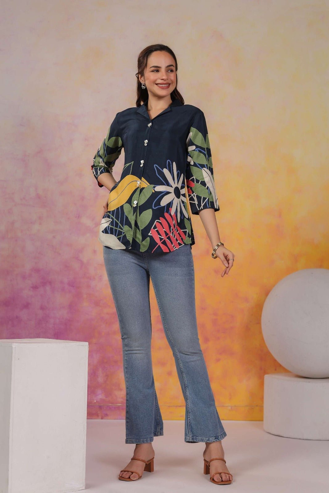 Blue Floral Printed Cotton Top - Freyaa USA & Canada
