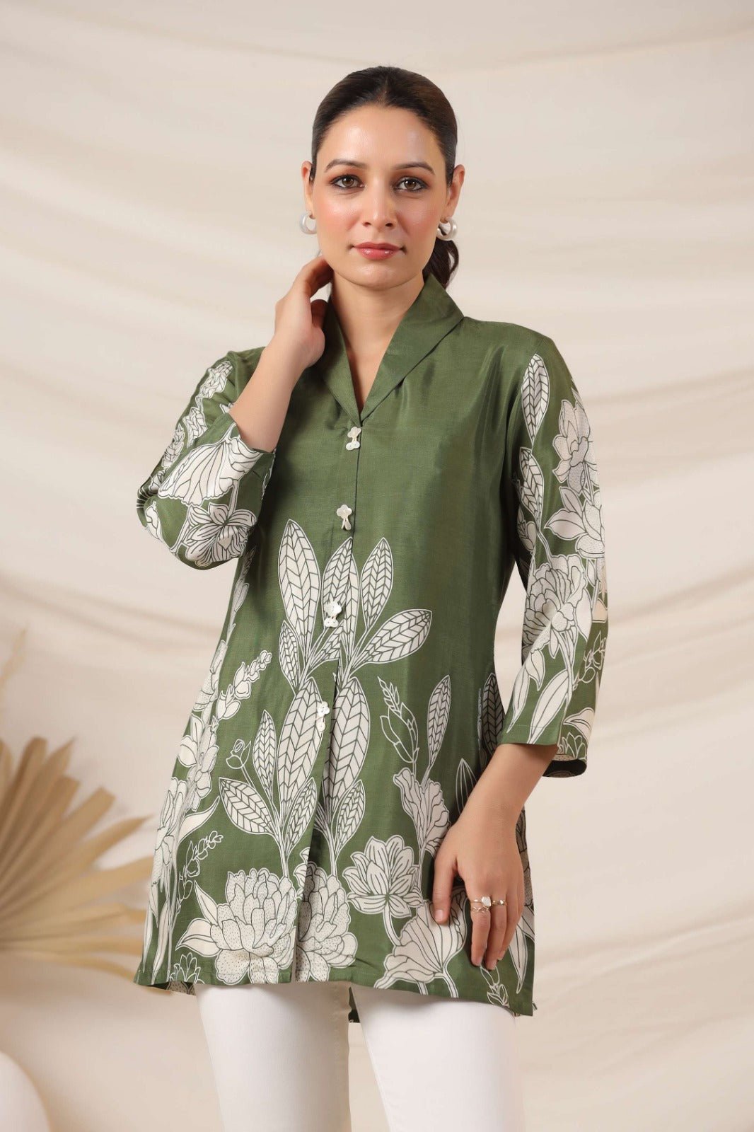 Chic Green Top with Contemporary Digital Print - Freyaa USA & Canada