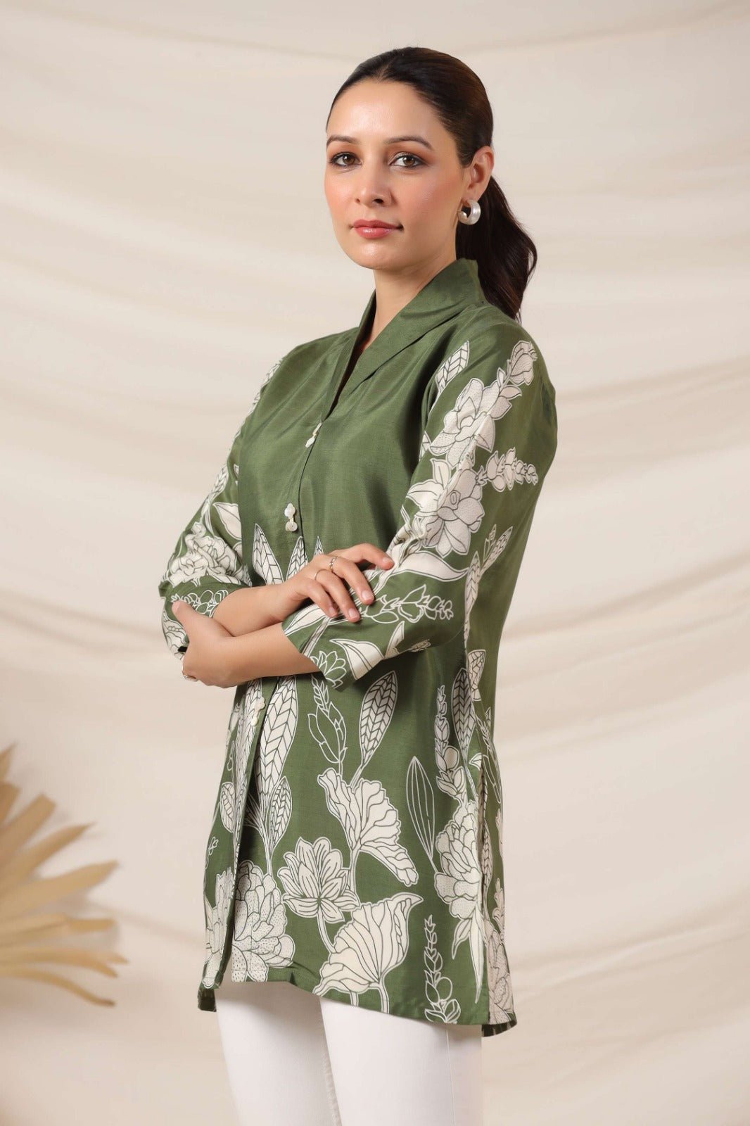 Chic Green Top with Contemporary Digital Print - Freyaa USA & Canada