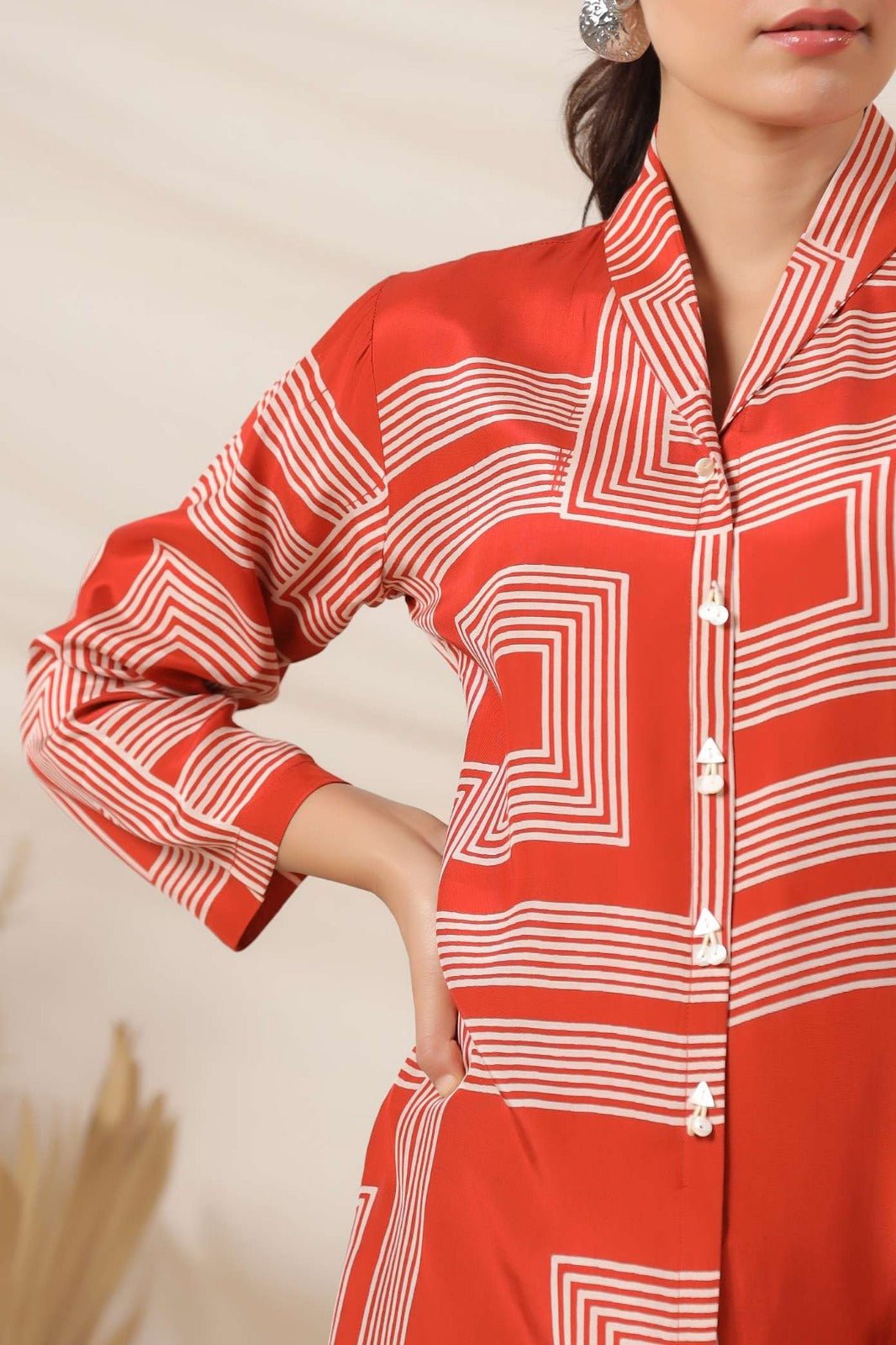Rust Cotton Top with Geometric Pattern - Freyaa USA & Canada