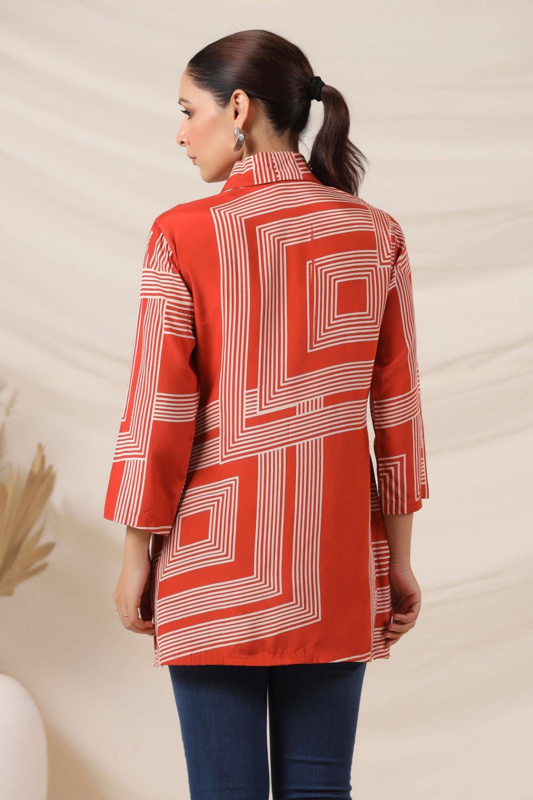 Rust Cotton Top with Geometric Pattern - Freyaa USA & Canada