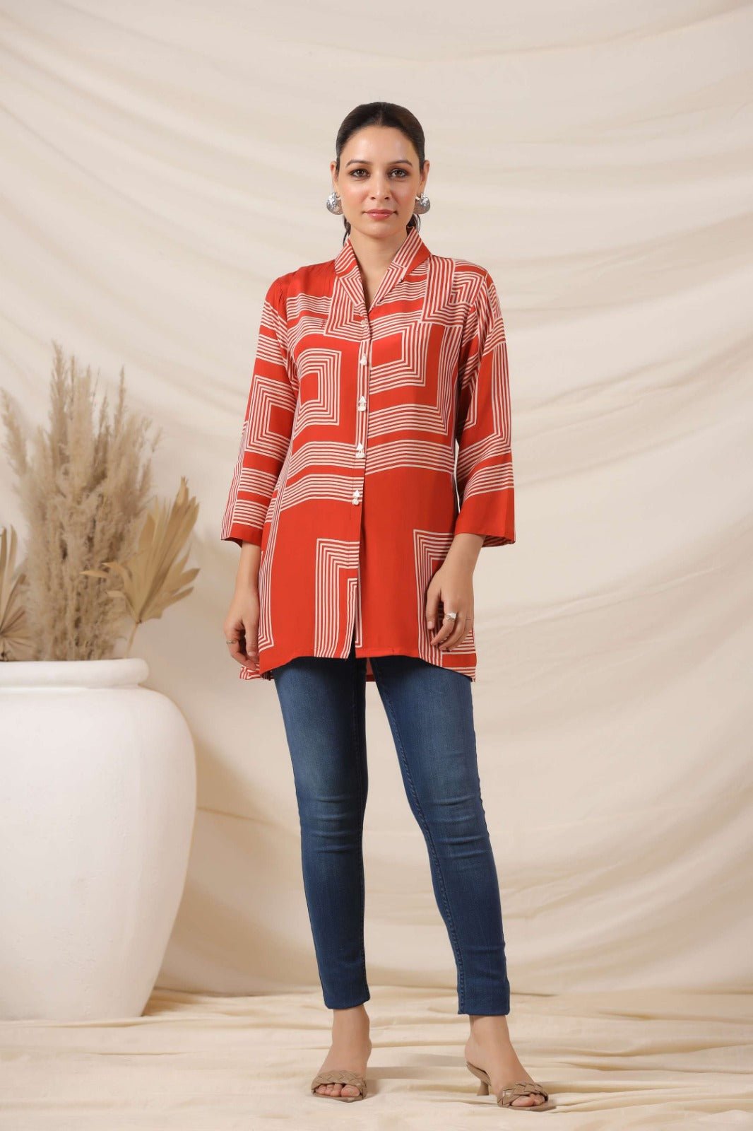 Rust Cotton Top with Geometric Pattern - Freyaa USA & Canada