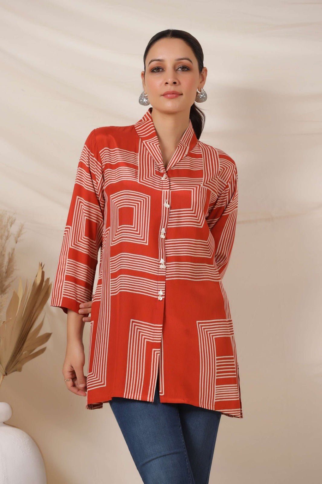 Rust Cotton Top with Geometric Pattern - Freyaa USA & Canada