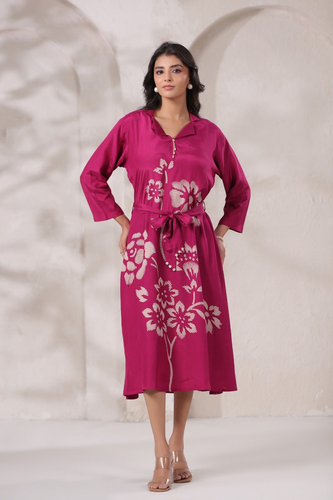 Margenta Satin Long Dress with Golden Floral Embroidery - Freyaa USA & Canada