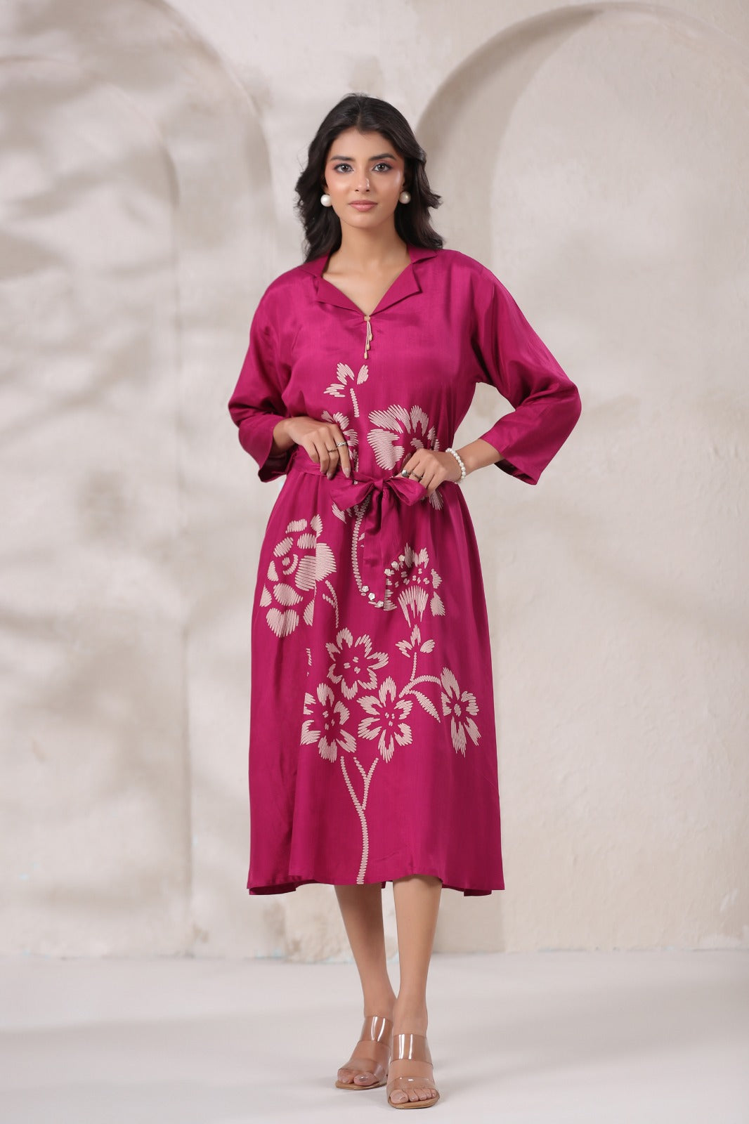 Margenta Satin Long Dress with Golden Floral Embroidery