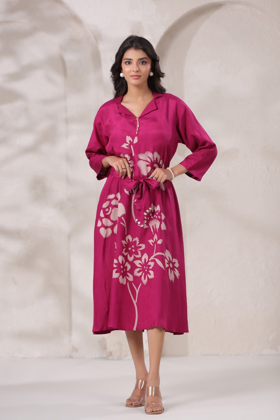 Margenta Satin Long Dress with Golden Floral Embroidery - Freyaa USA & Canada