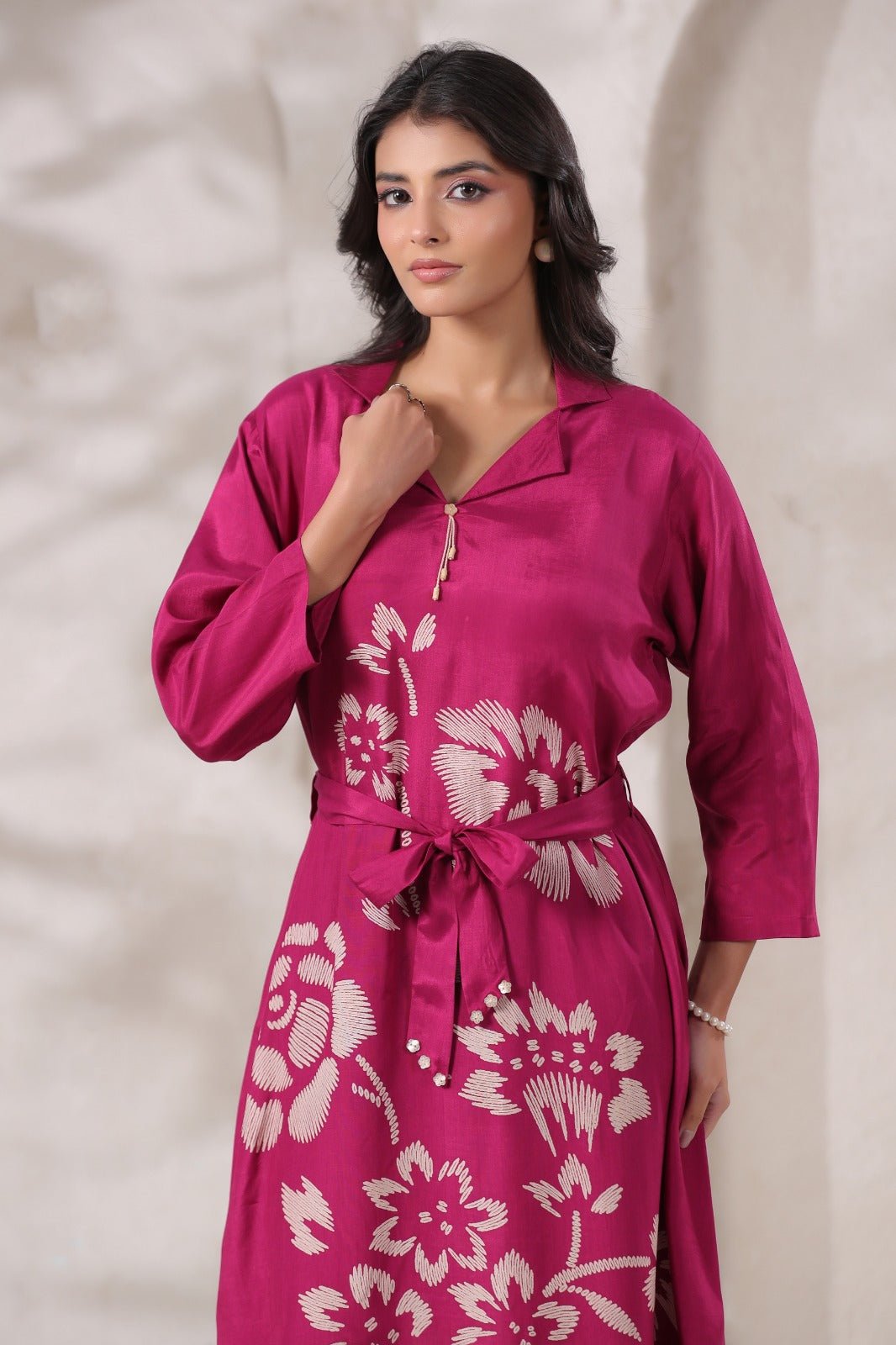 Margenta Satin Long Dress with Golden Floral Embroidery - Freyaa USA & Canada