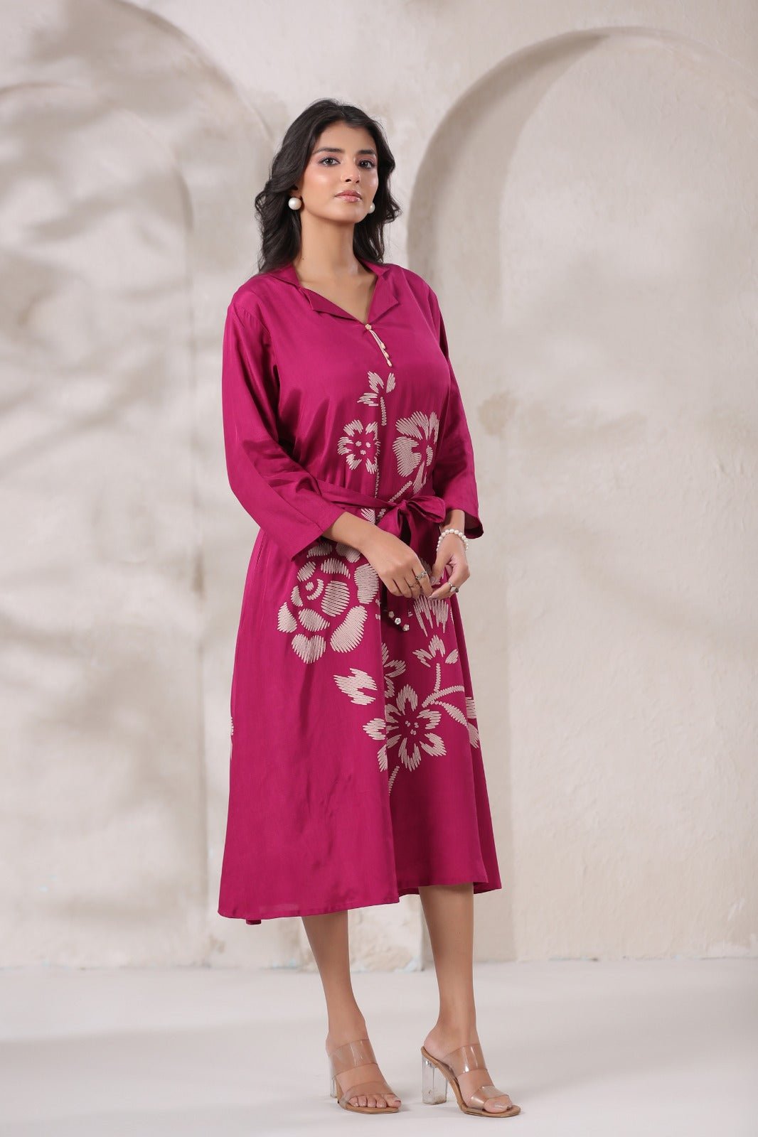 Margenta Satin Long Dress with Golden Floral Embroidery - Freyaa USA & Canada