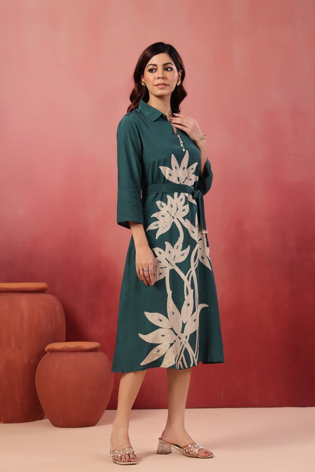 Rama Satin Long Dress with Golden Floral Embroidery - Freyaa USA & Canada