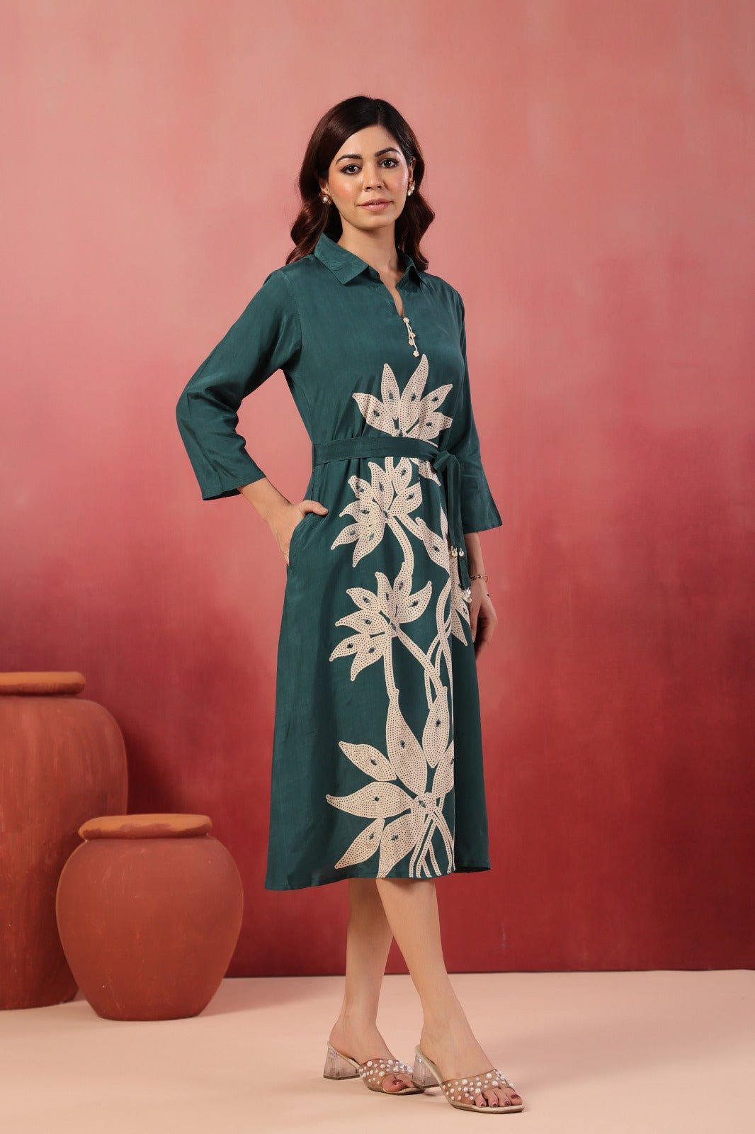 Rama Satin Long Dress with Golden Floral Embroidery - Freyaa USA & Canada