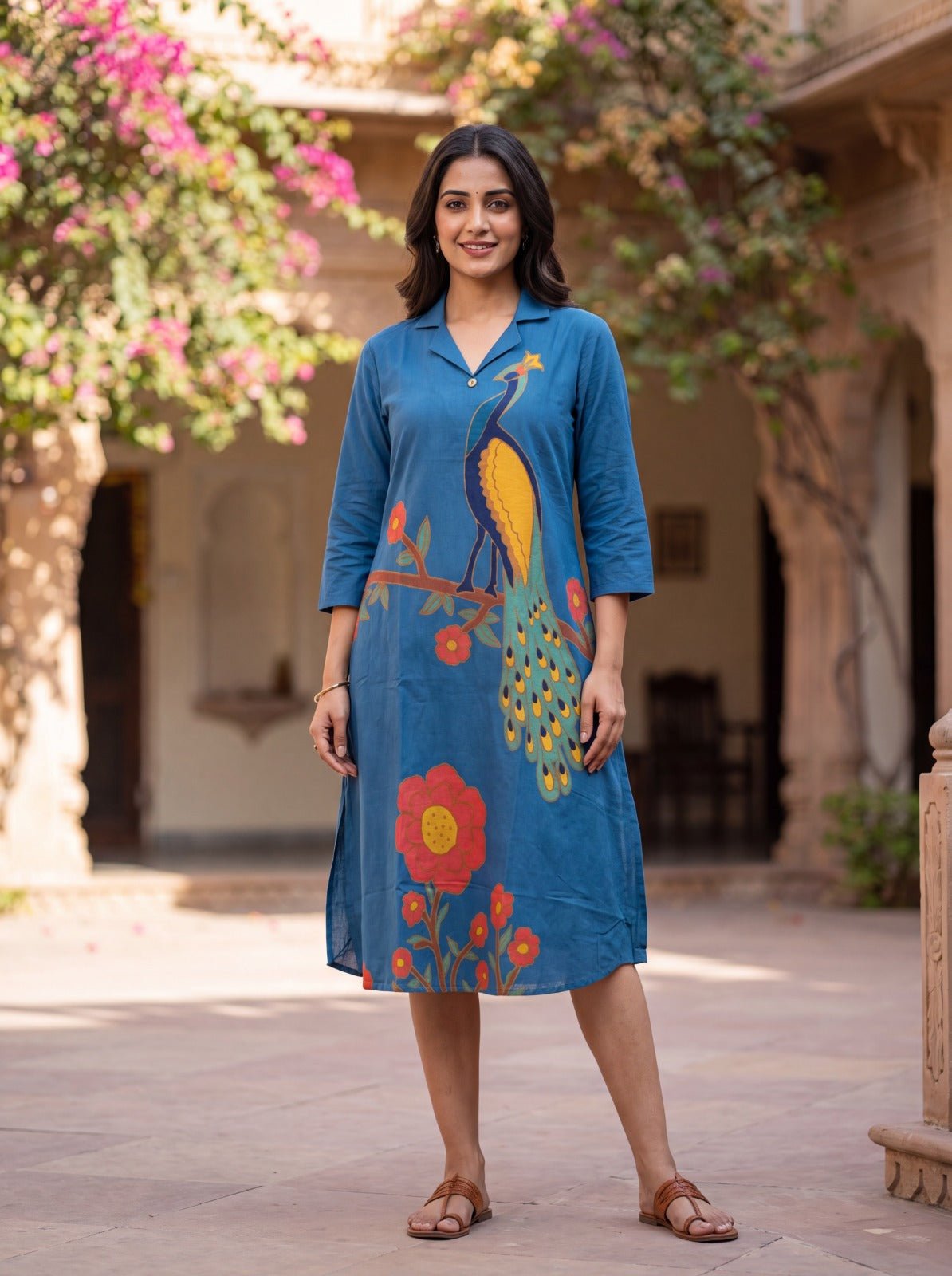 Blue Peacock Print Gichha Cotton Midi Dress with Waist Tie-Up - Freyaa USA & Canada