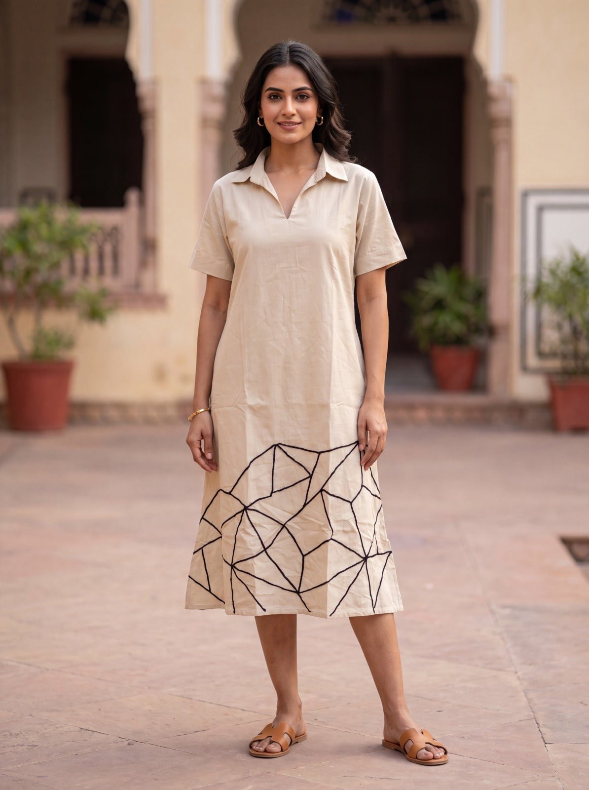 Natural Cotton Flex Midi Dress with Abstract Embroidered Hem - Freyaa USA & Canada