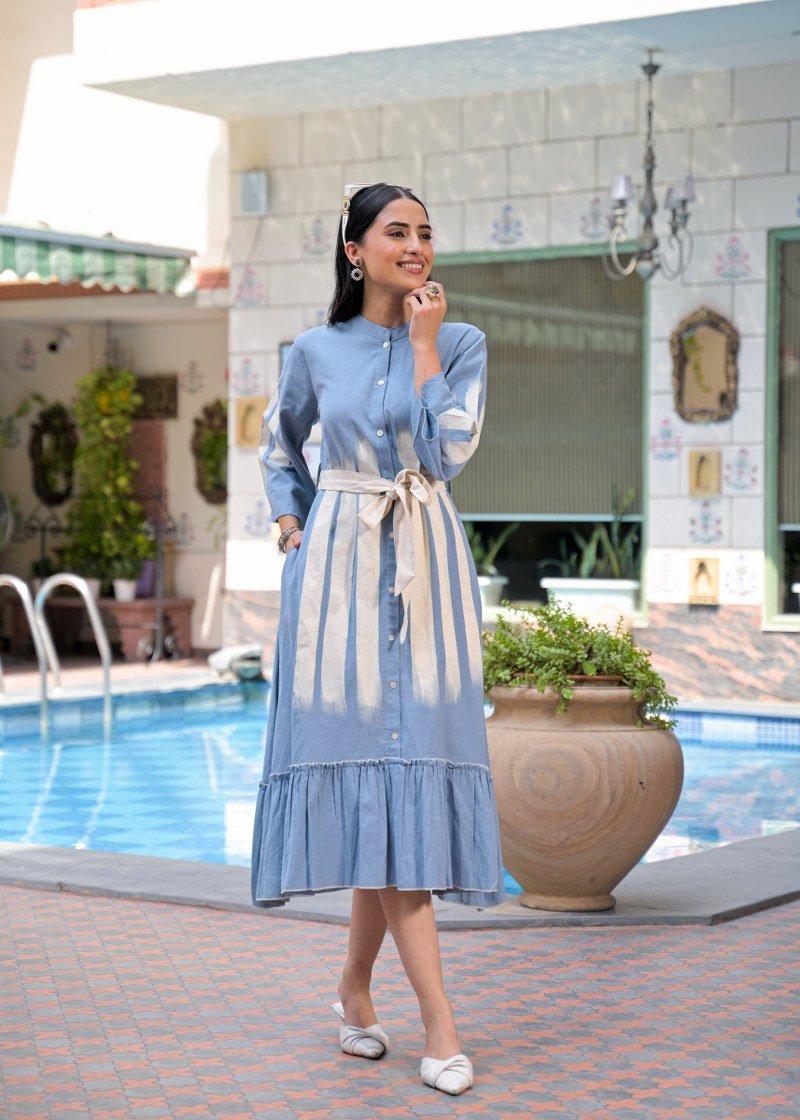 Blue Shirt Long Dress with Belt - Freyaa USA & Canada
