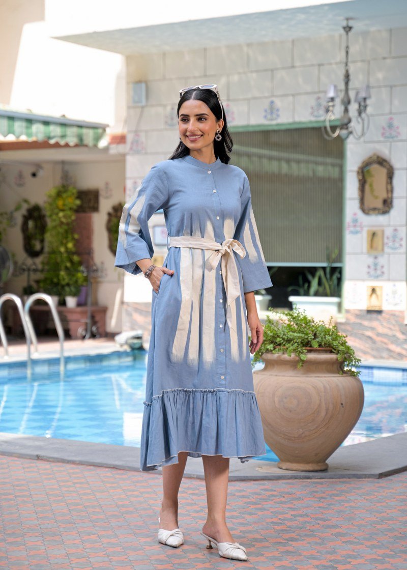 Blue Shirt Long Dress with Belt - Freyaa USA & Canada