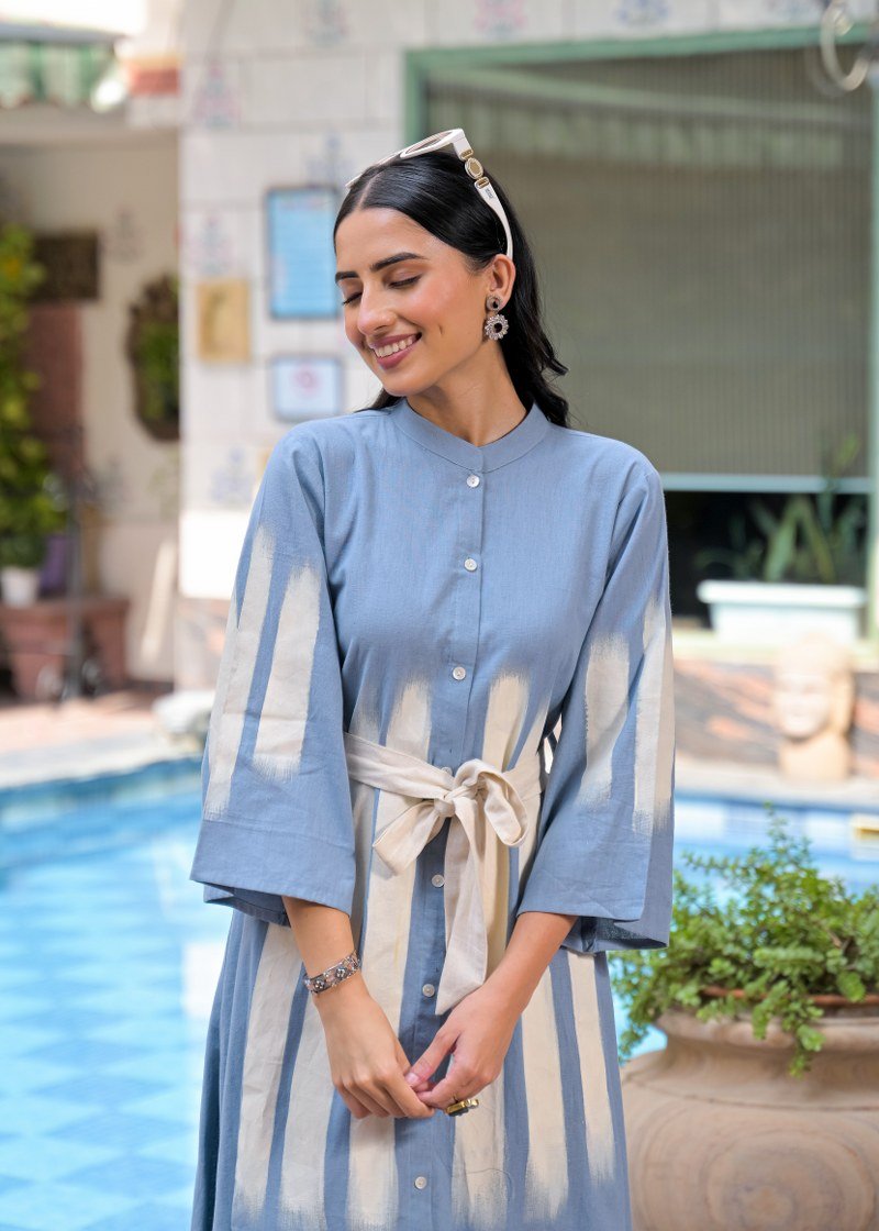 Blue Shirt Long Dress with Belt - Freyaa USA & Canada