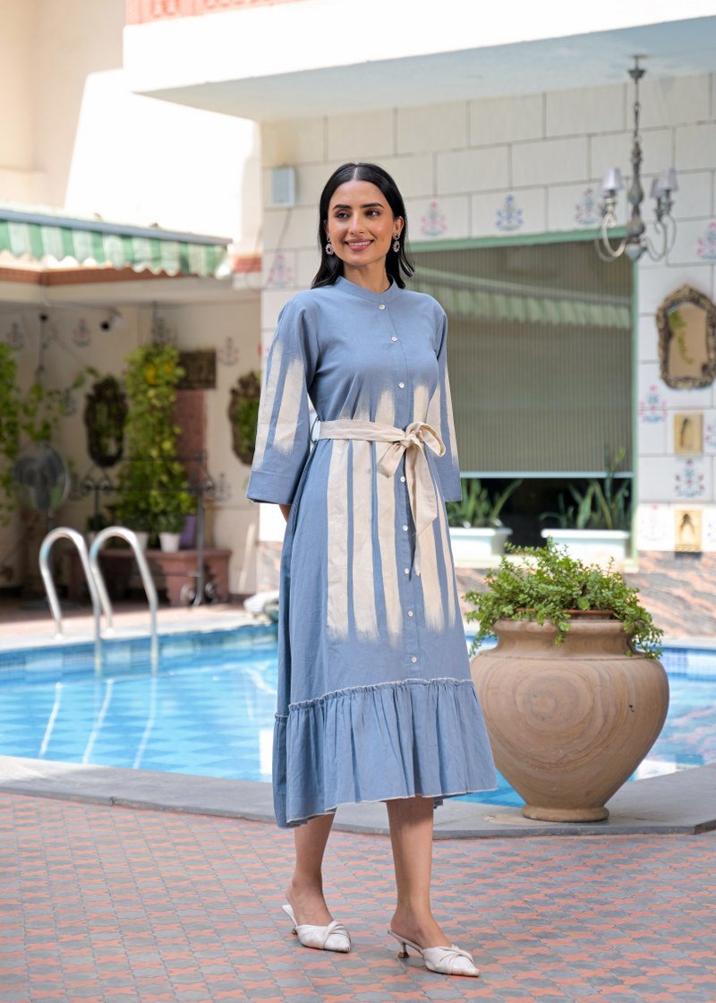 Blue Shirt Long Dress with Belt - Freyaa USA & Canada