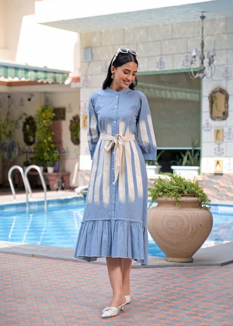Blue Shirt Long Dress with Belt - Freyaa USA & Canada