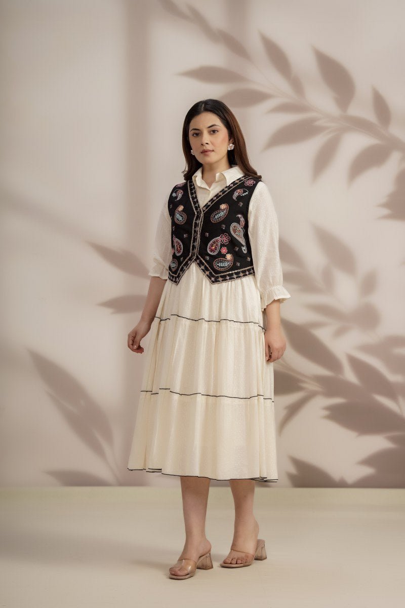 White Long Dress with Elegant Thread Embroidery Vest Jacket. - Freyaa USA & Canada