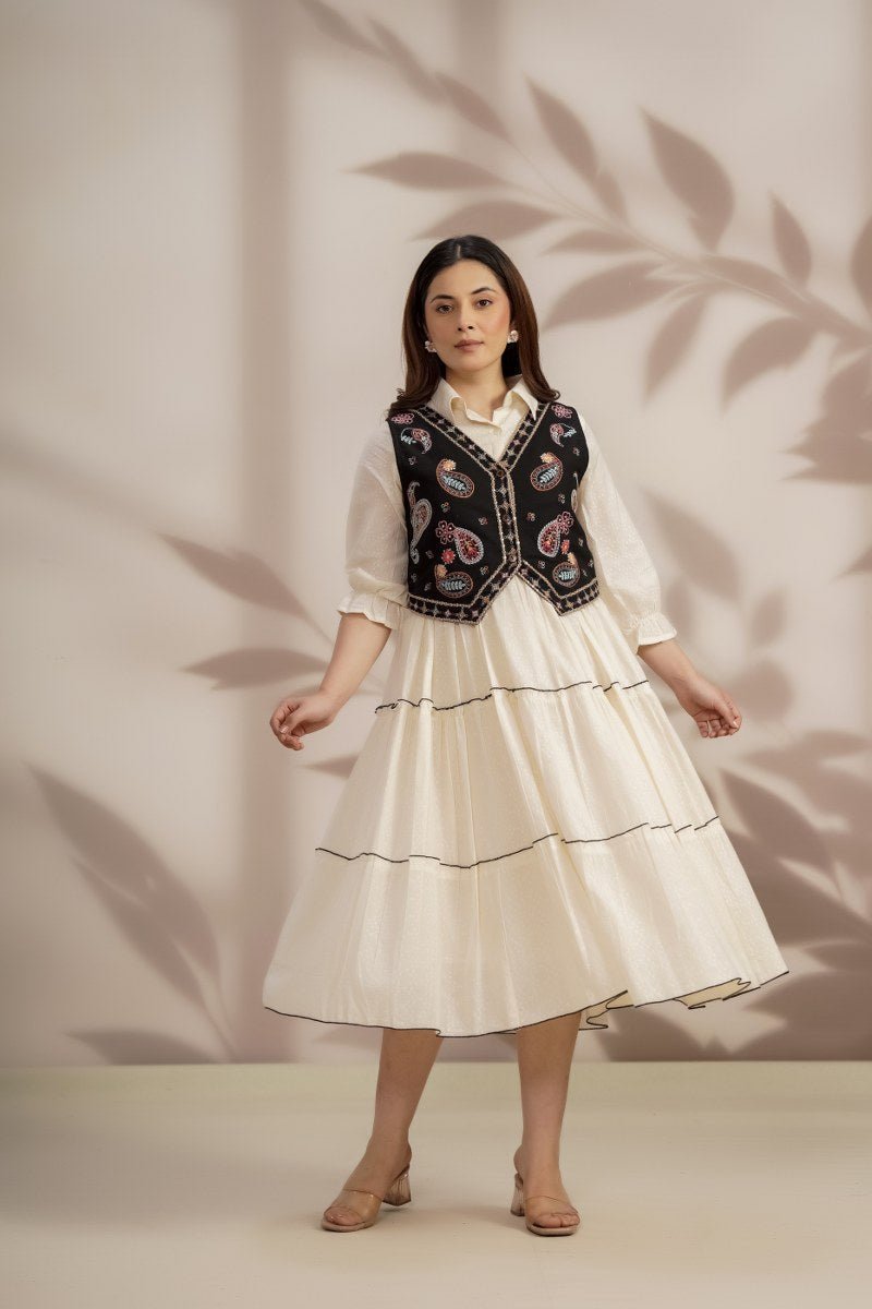 White Long Dress with Elegant Thread Embroidery Vest Jacket. - Freyaa USA & Canada