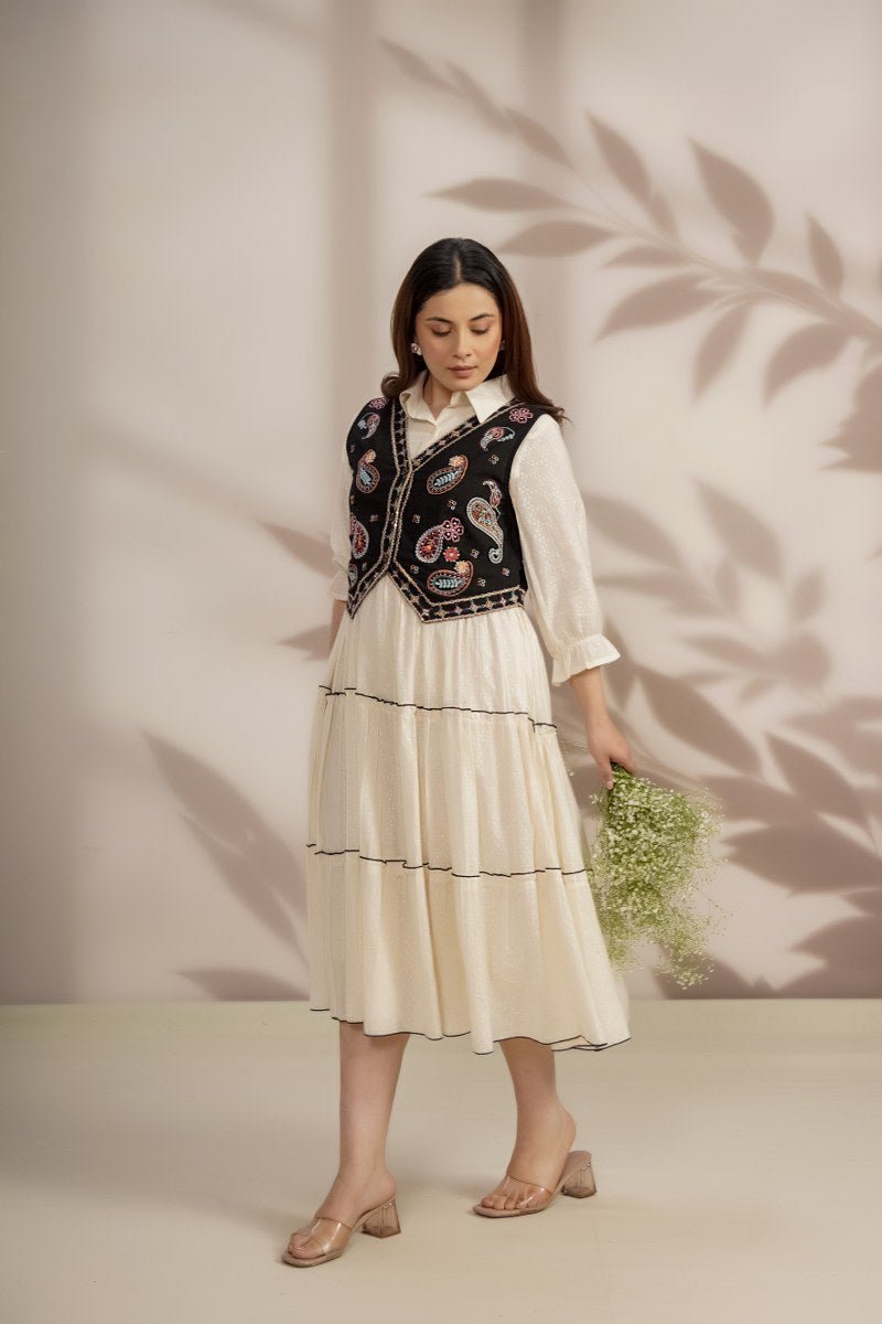 White Long Dress with Elegant Thread Embroidery Vest Jacket. - Freyaa USA & Canada
