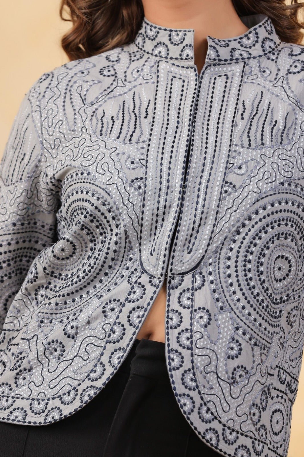 Grey Thread Work Cotton Ethnic Jacket - Freyaa USA & Canada