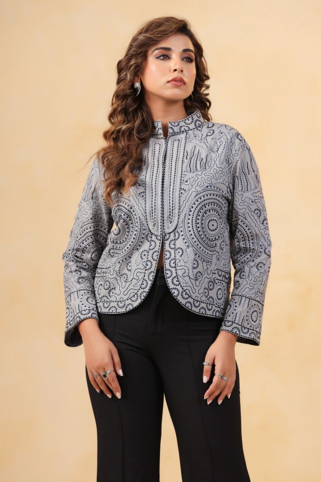 Grey Thread Work Cotton Ethnic Jacket - Freyaa USA & Canada