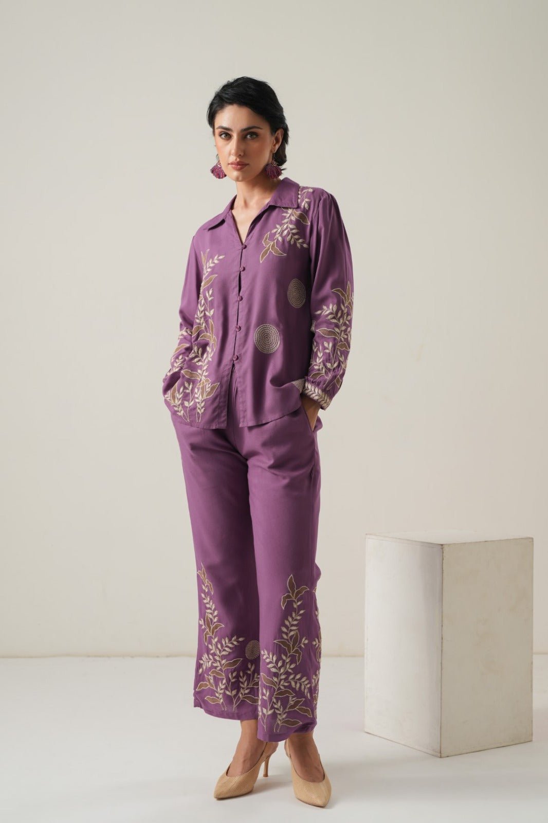 Eggplant Cotton Co-ord Set with Embroidery - Freyaa USA & Canada