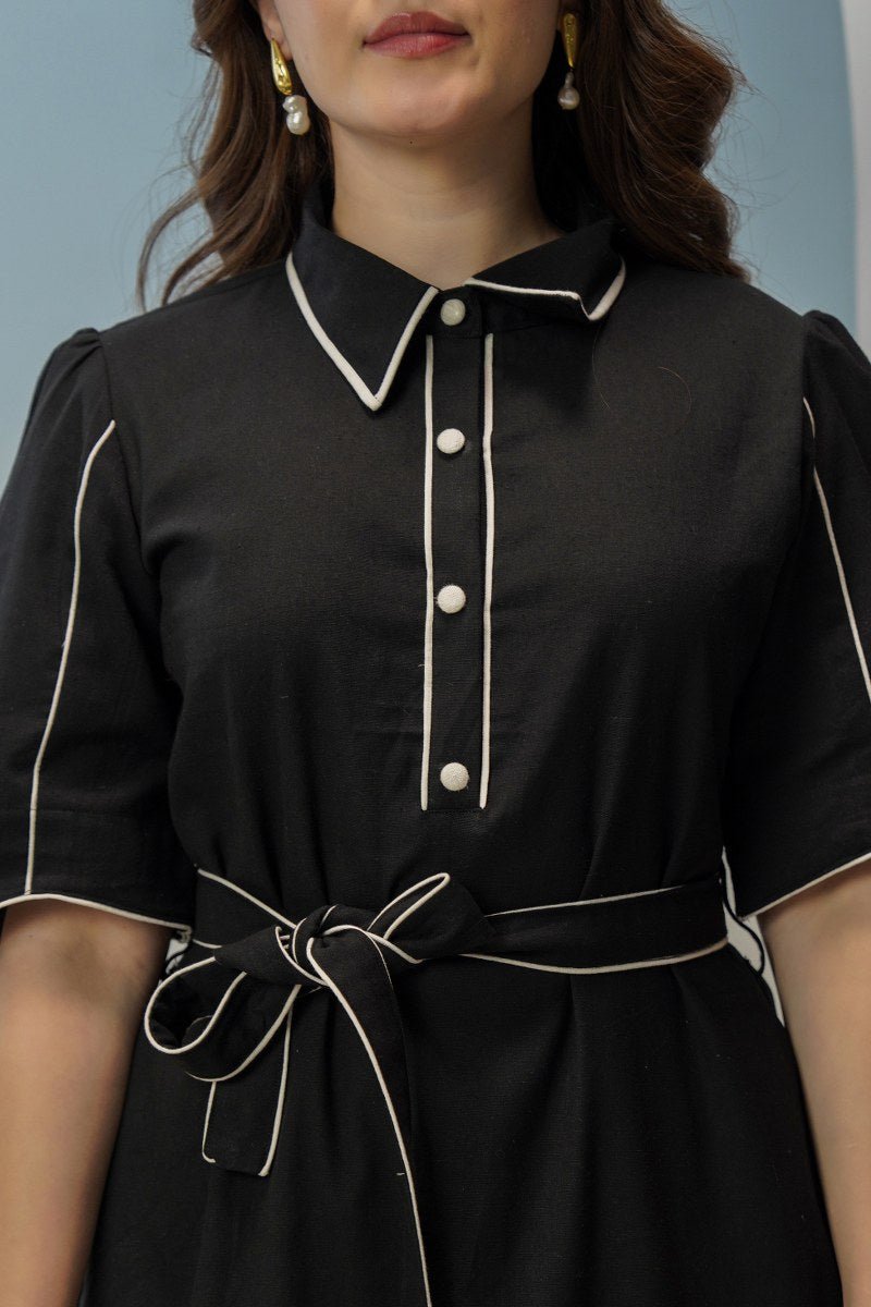 Classic Black & Cream Belted Style Dress - Freyaa USA & Canada