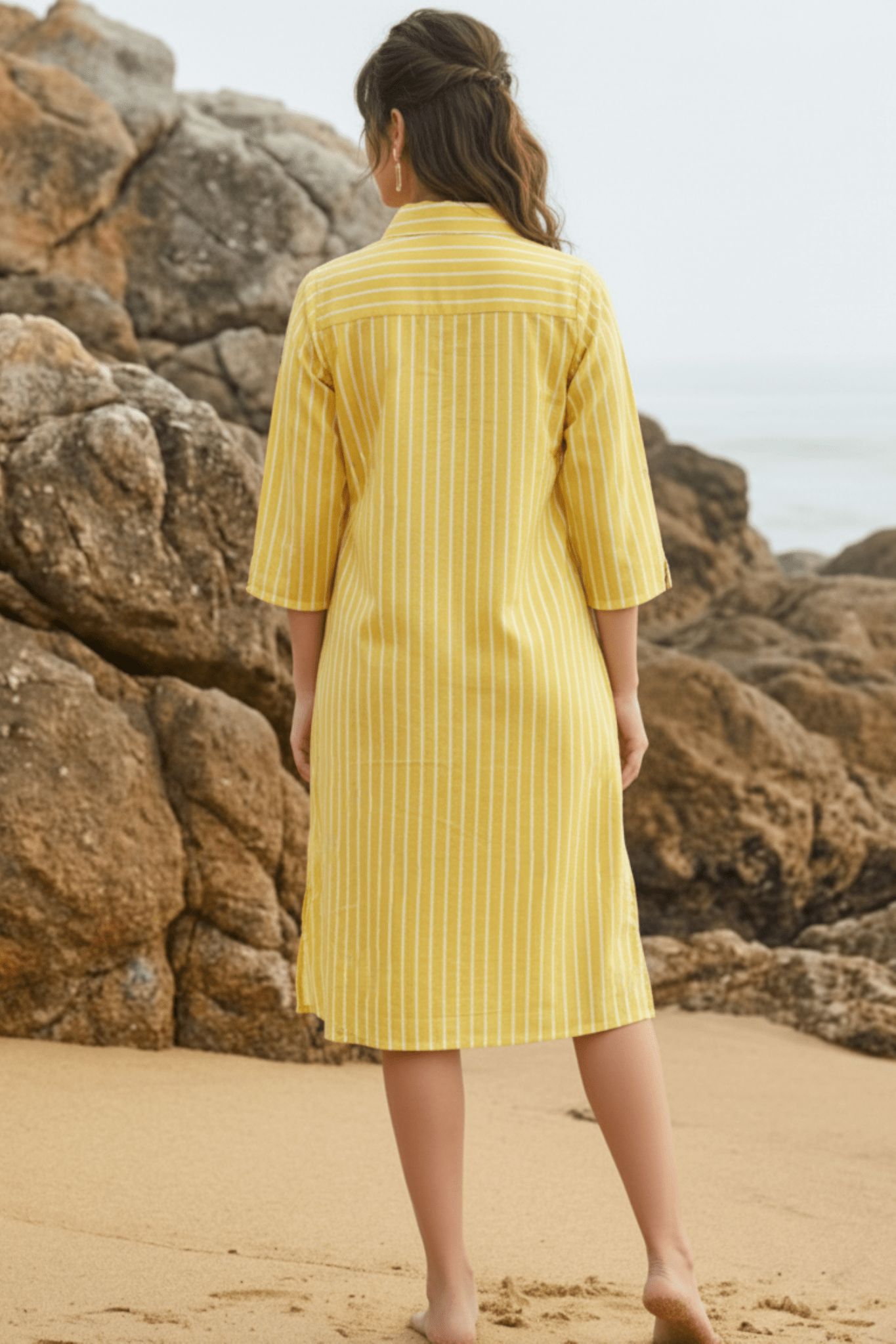 Yellow Striped Embroidered Shirt Dress - Freyaa USA & Canada