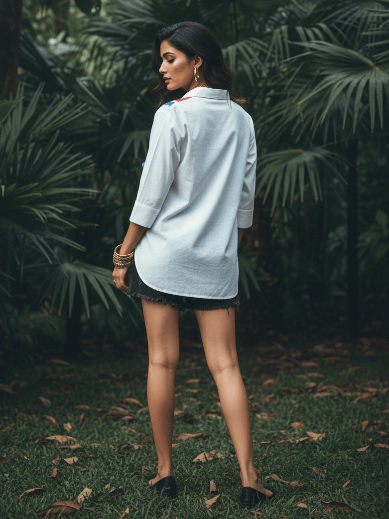 White Multicolor Thread Embroidered Cotton Shirt - Freyaa USA & Canada
