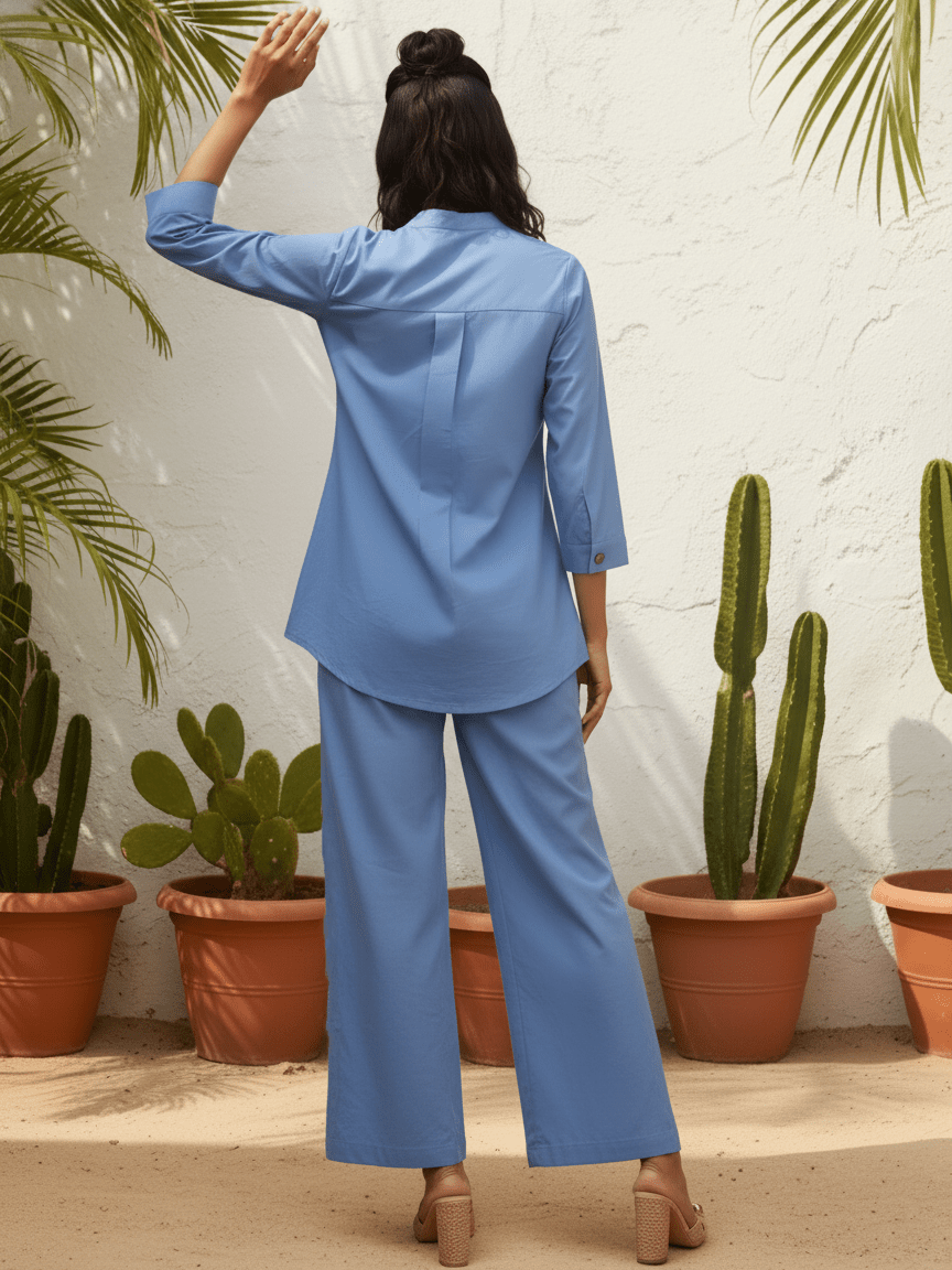 Blue Solid Chic Cotton Cord Set - Freyaa USA & Canada