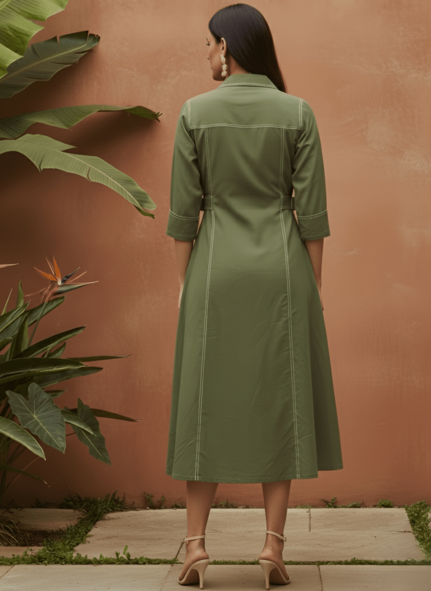 Olive Green Solid Denim Dress - Freyaa USA & Canada