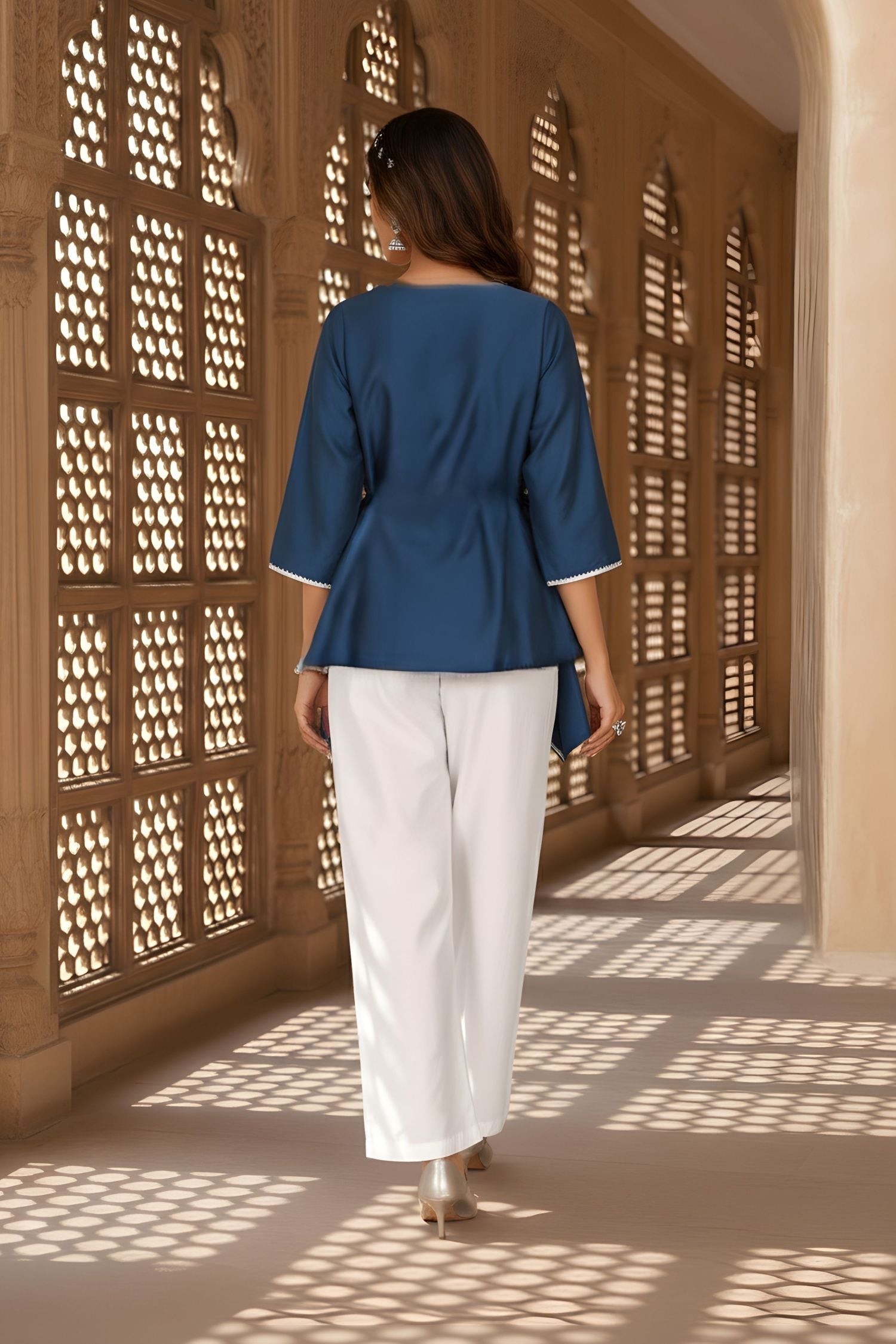 Blue Wrap-Style Asymmetric Top