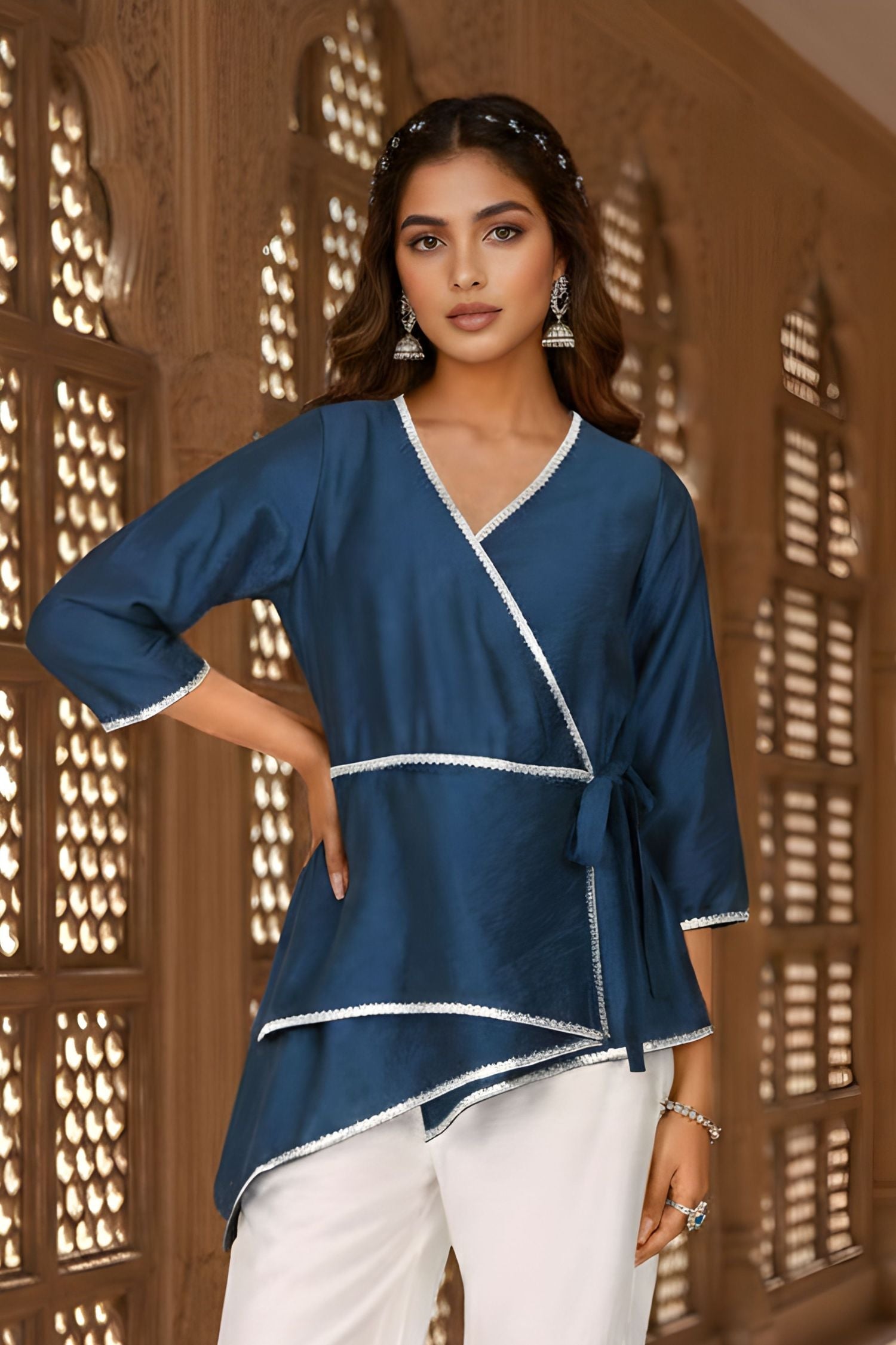 Blue Wrap-Style Asymmetric Top