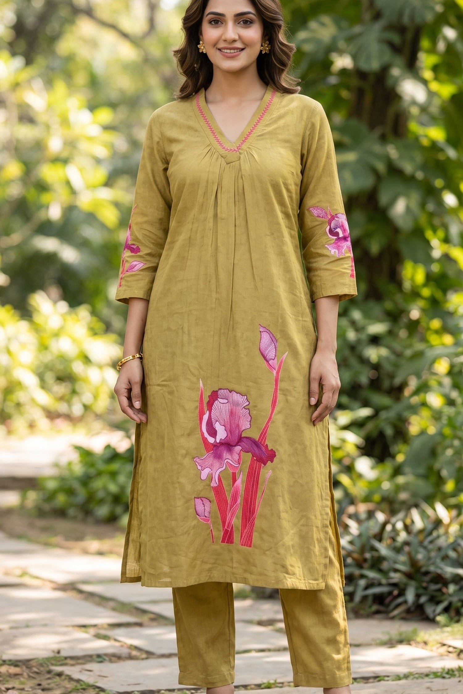 Olive Green Mul Cotton Floral Hand Painted Straight Kurta Co-Ord Set