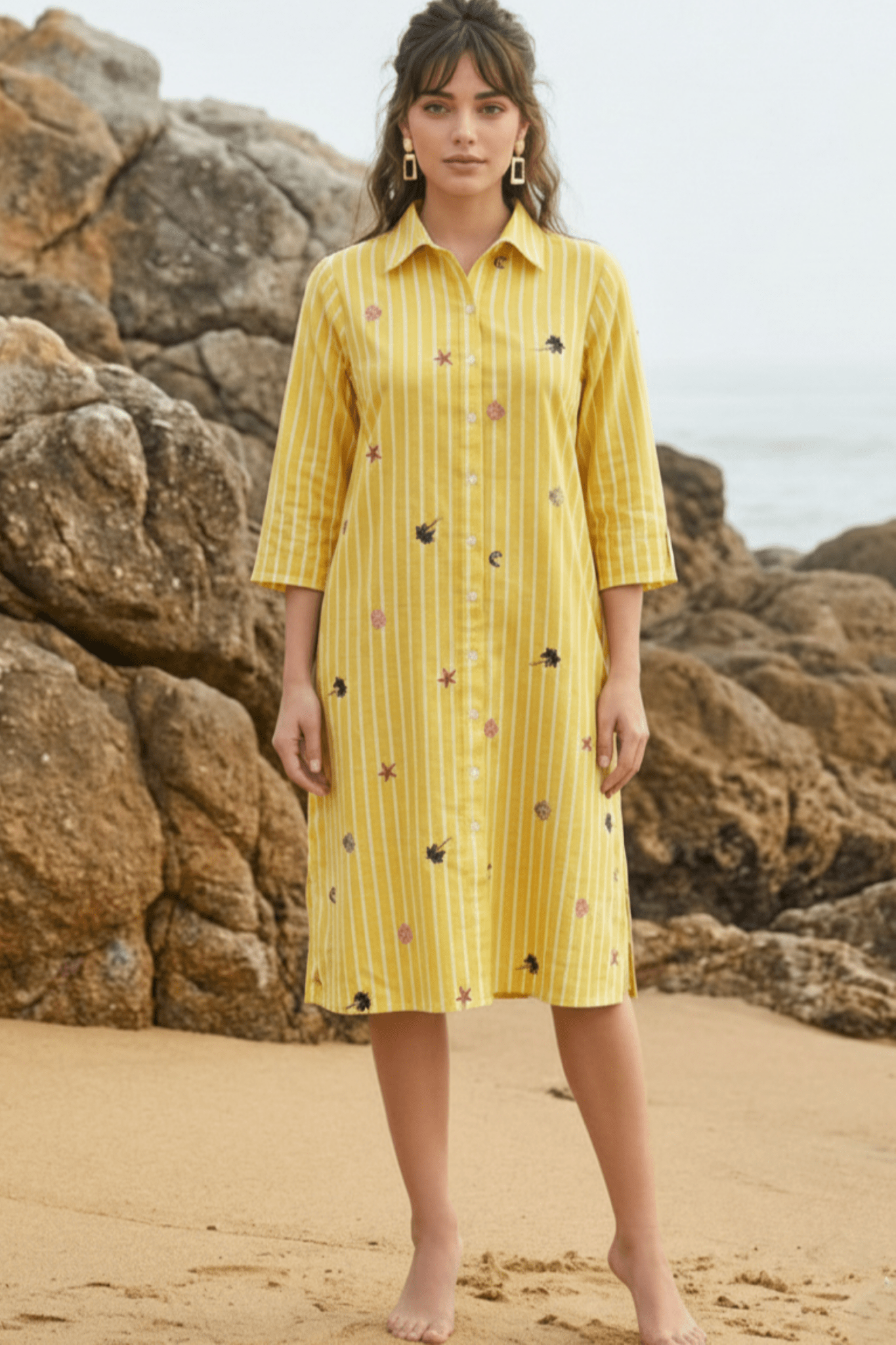 Yellow Striped Embroidered Shirt Dress - Freyaa USA & Canada