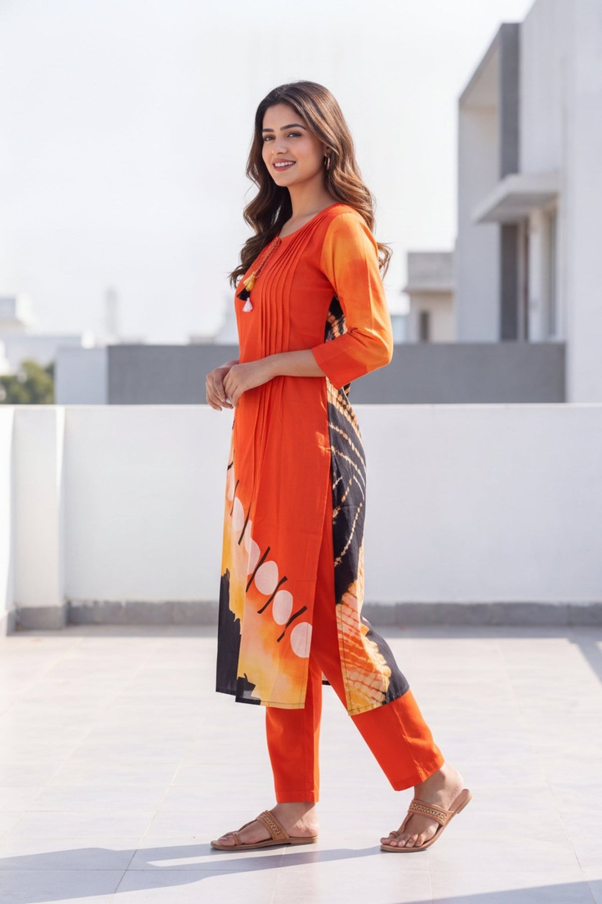 Orange & Black Asymmetric Layered Cotton Kurta Co-Ord Set - Freyaa