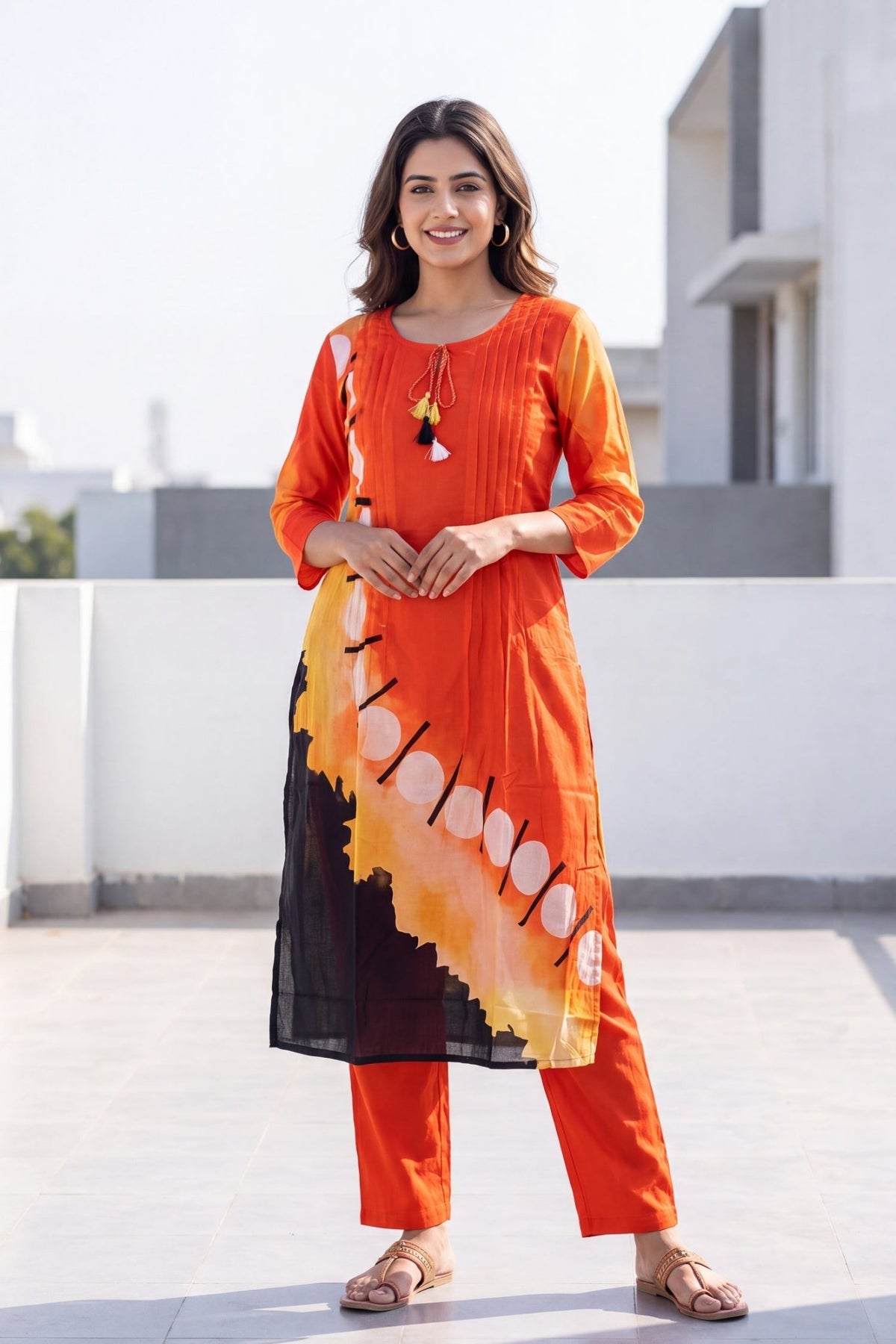 Orange & Black Asymmetric Layered Cotton Kurta Co-Ord Set - Freyaa